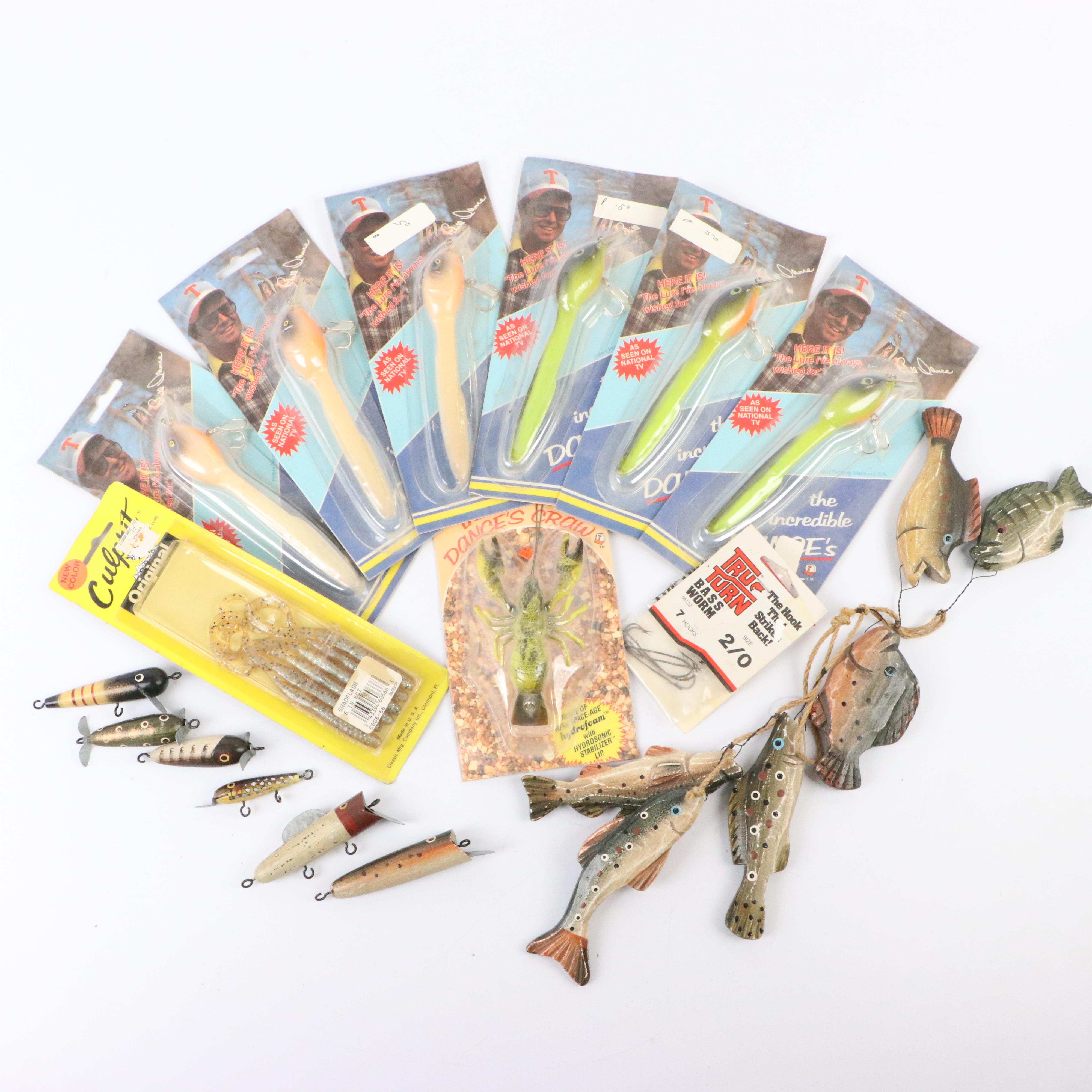 Fishing Lures Including the "Incredible DANCE'S EEL," and Fish Themed Décor