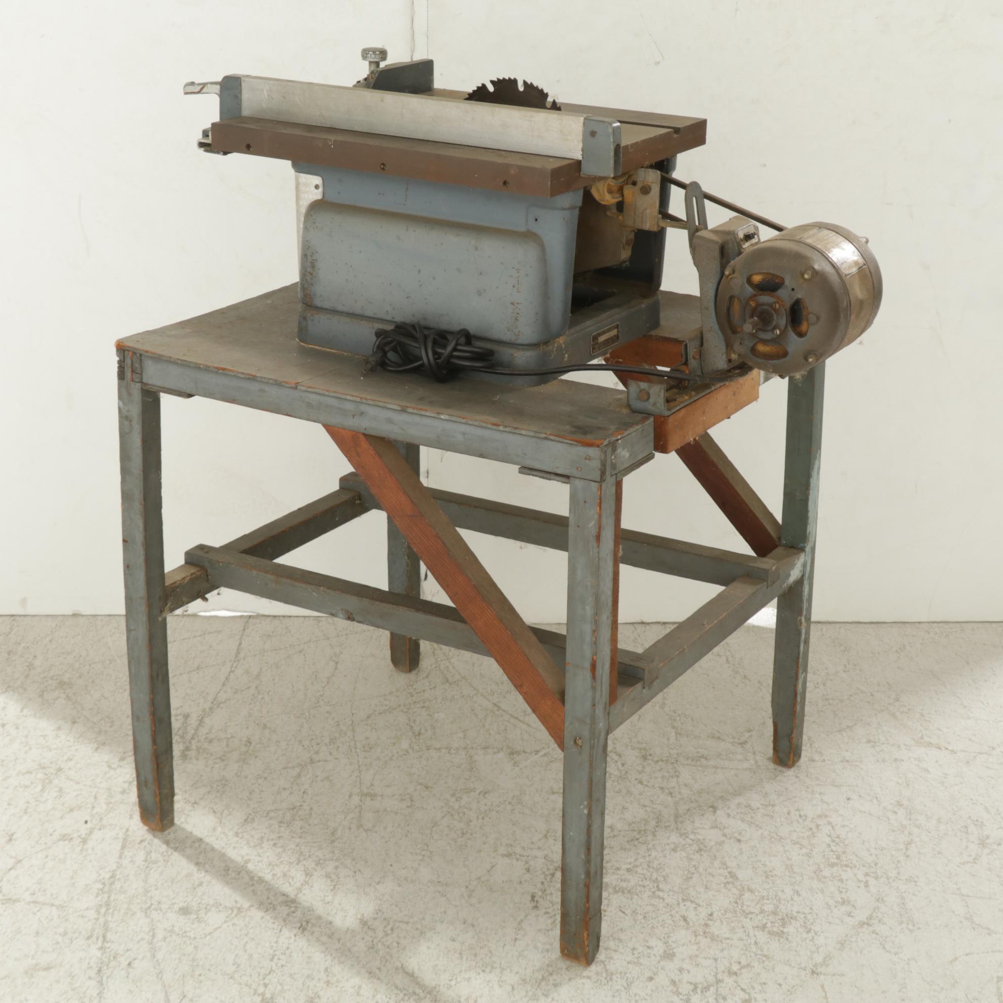 King-Seeley for Sears Craftsman 8" Tilting Arbor Bench Saw on Wood Table, 1950s