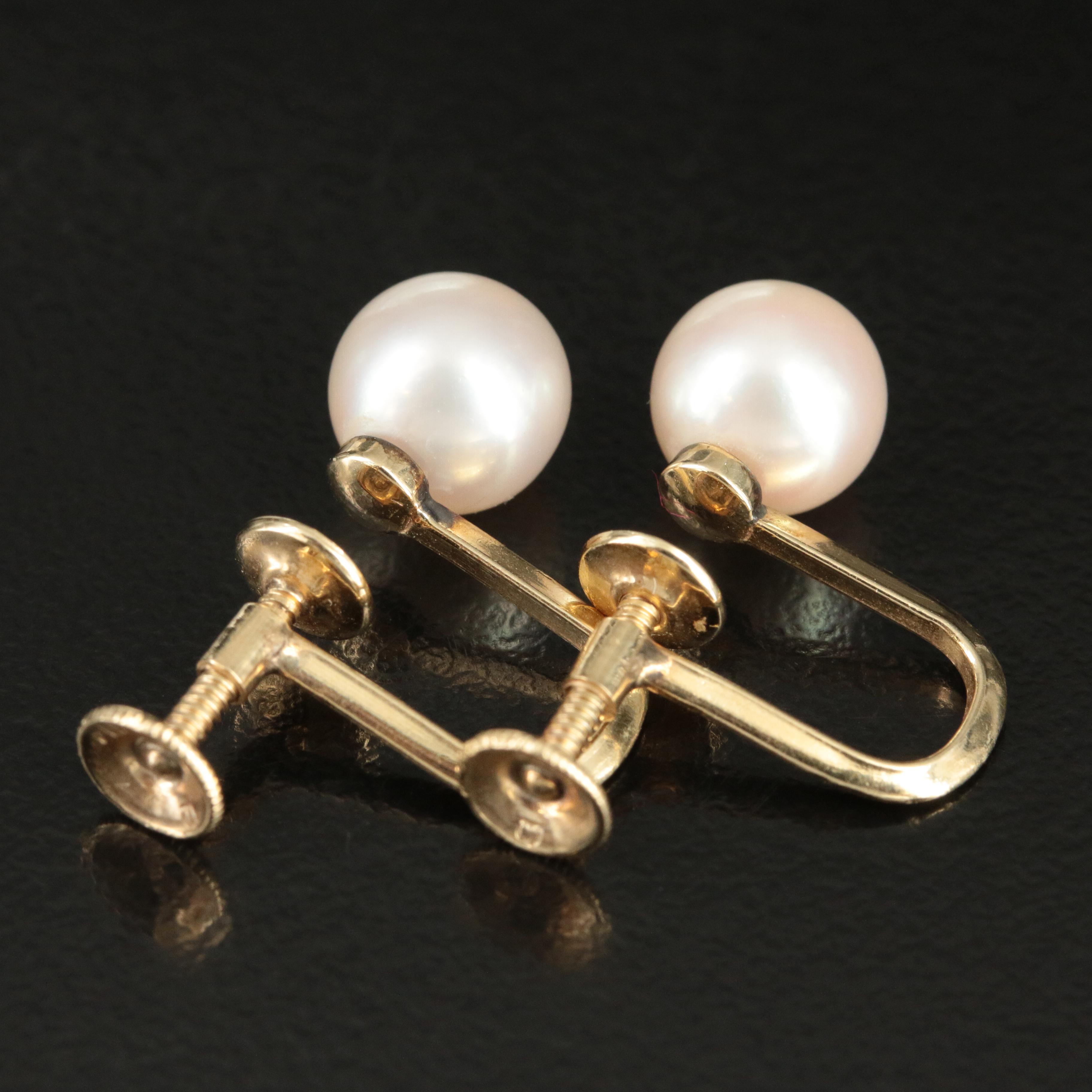Mikimoto 14K Pearl Earrings  Vintage Screw Back