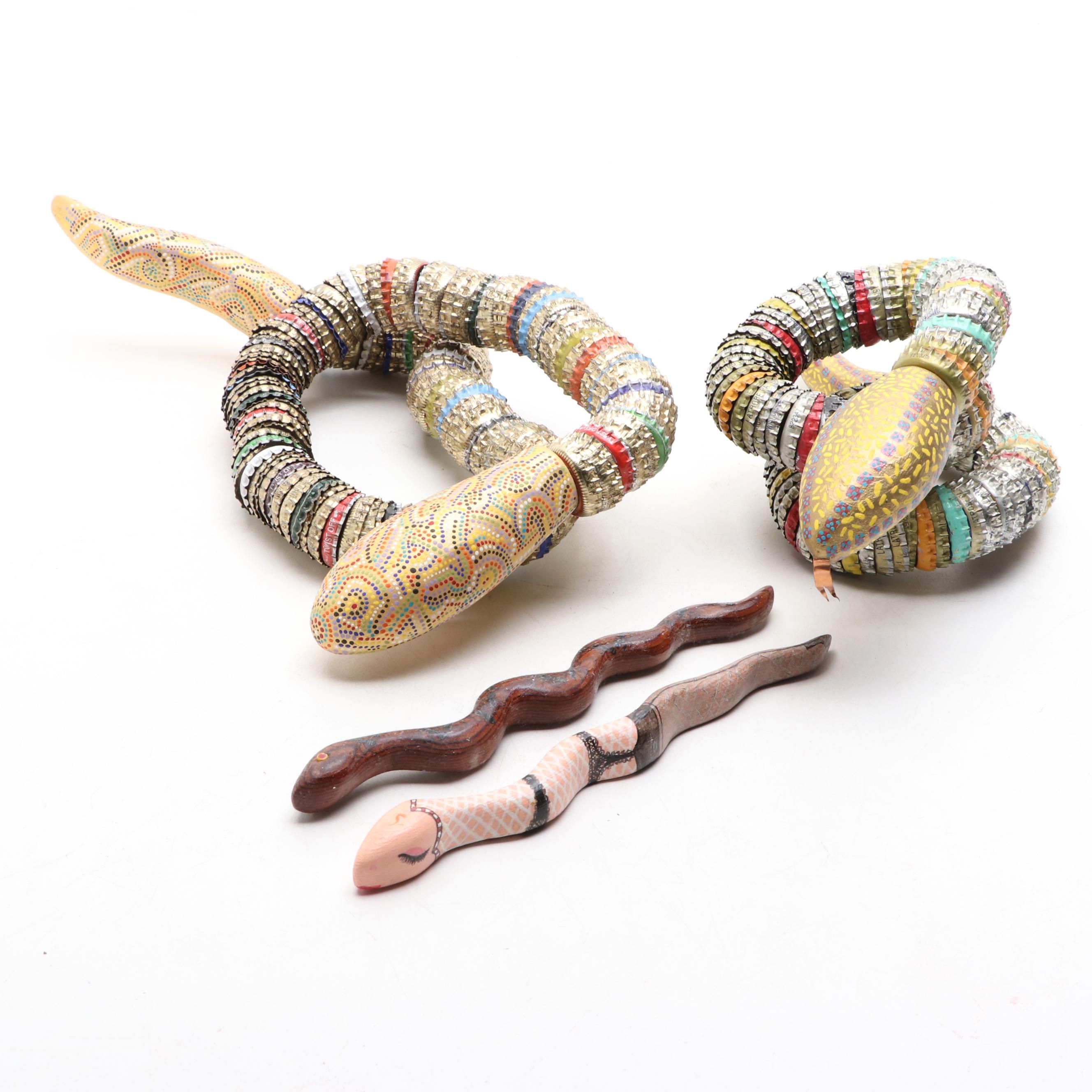 Folk Art Style Carved Wood and Metal Bottle Cap Snake Sculptures