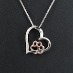 Sterling Diamond Heart Pendant Necklace with 10K Rose Gold Paw Print