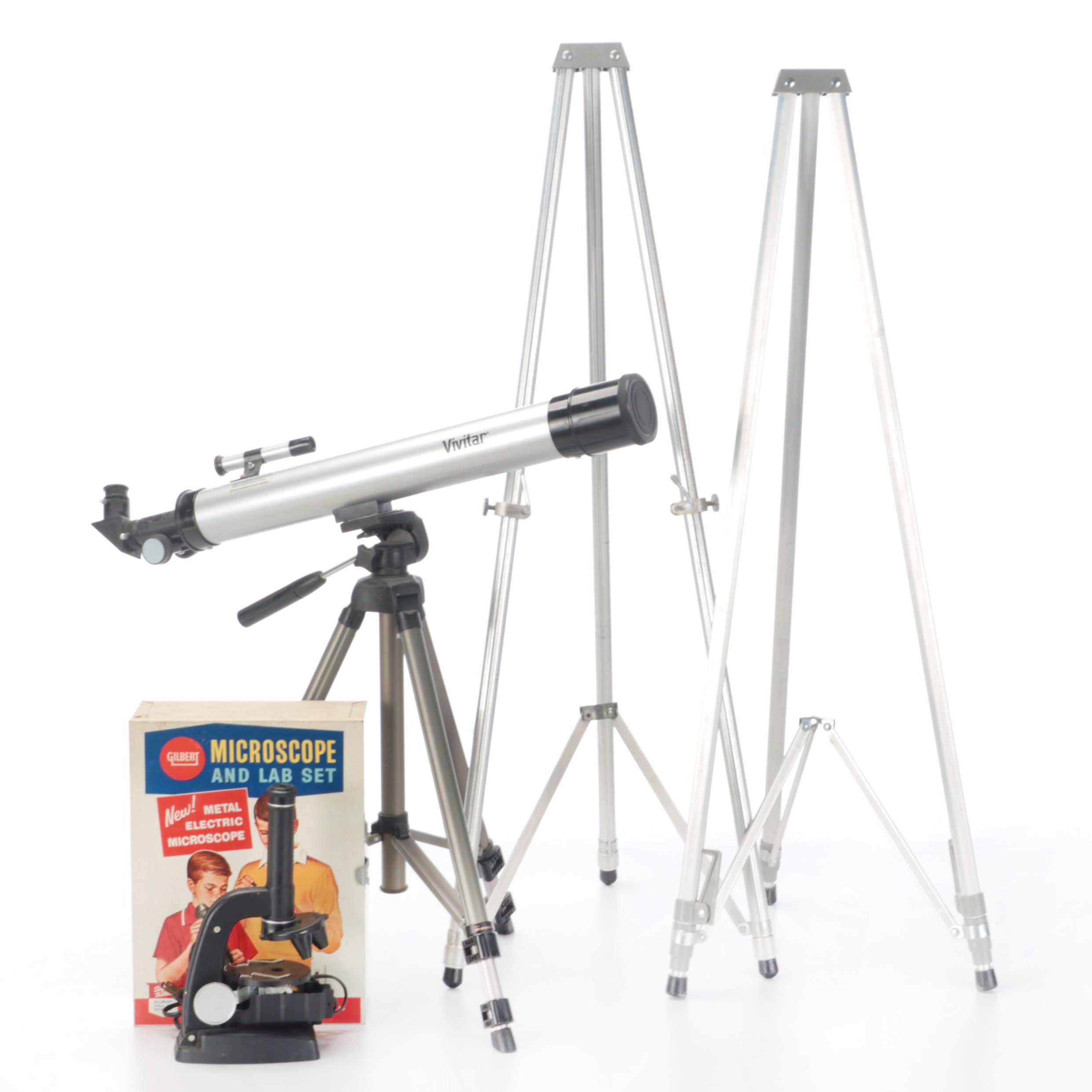 Vivitar Telescope With Gilbert Student Microscope and Tools, Tripods