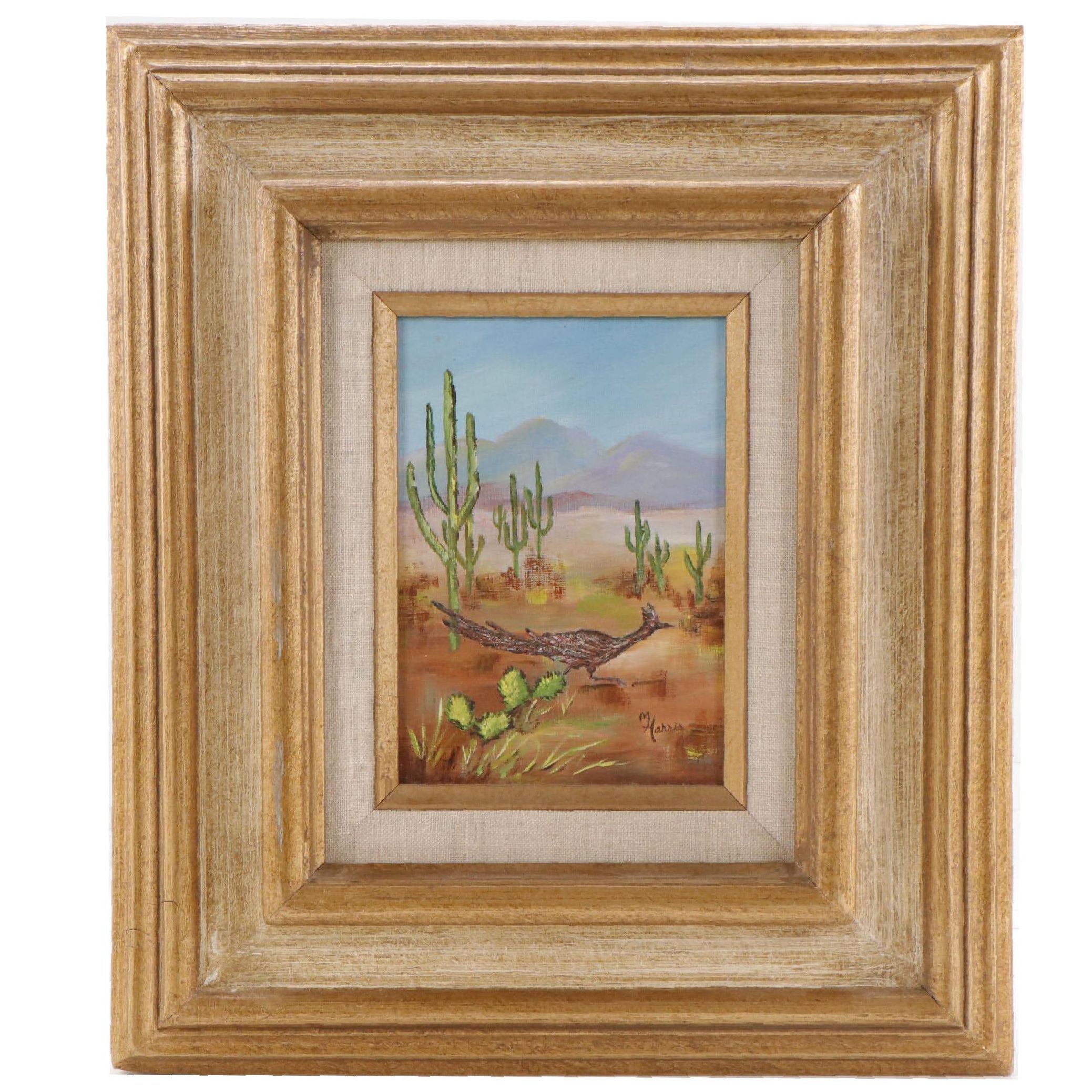 M. Harris Acrylic Painting of Roadrunner in Desert Landscape