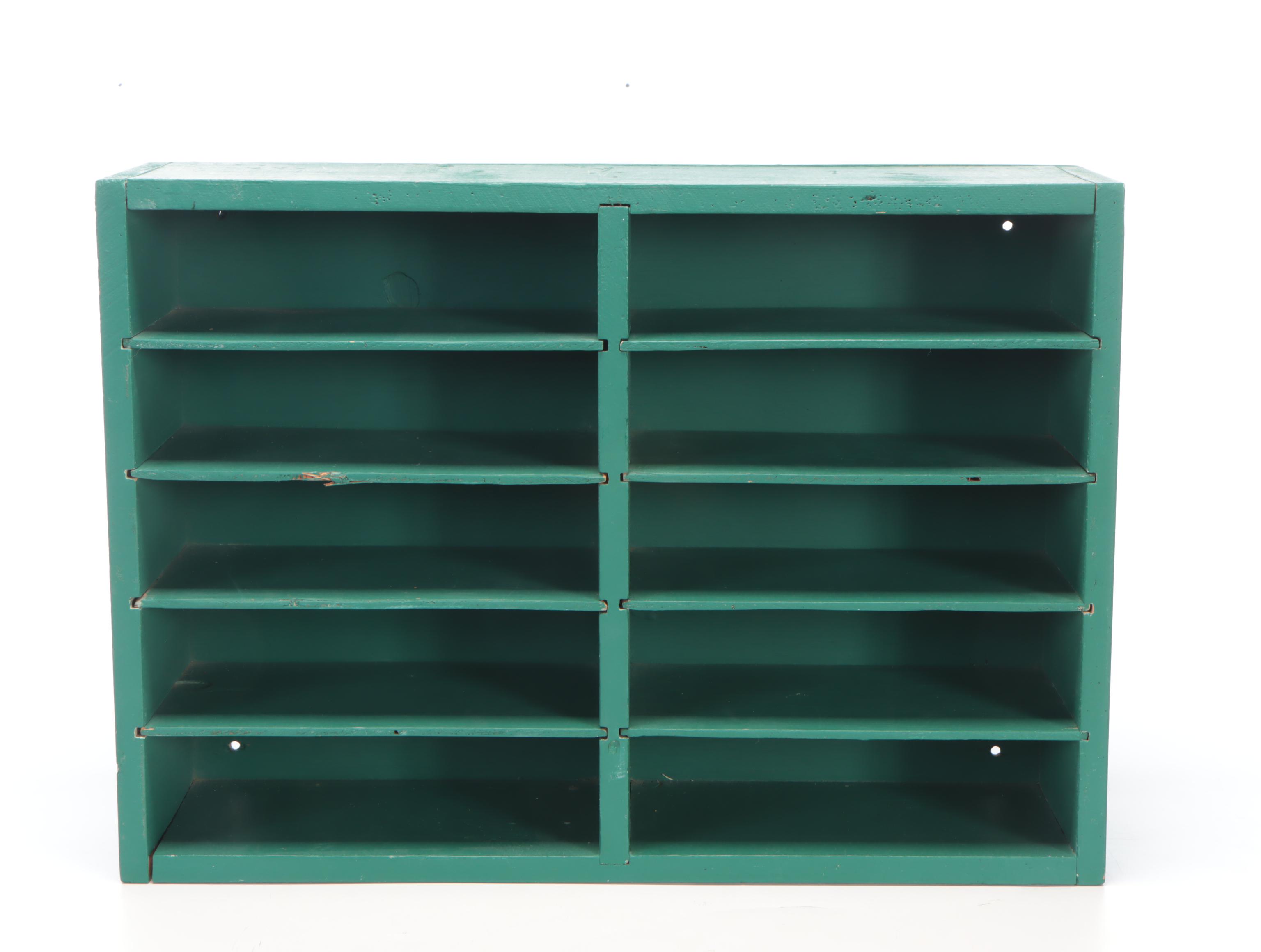 Green-Painted Wooden Organizer Cubby With Desk Lamp and Pencil Cup