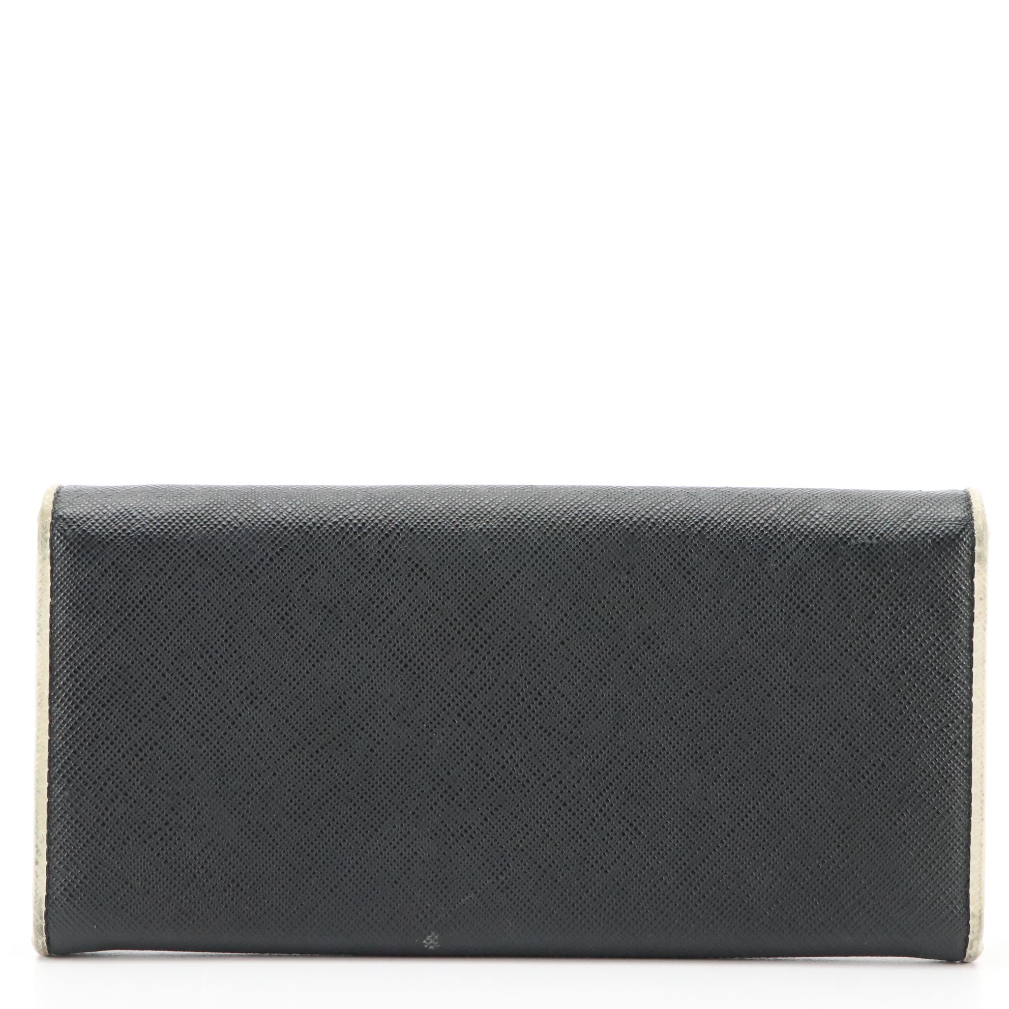 Prada Continental Wallet in Black Saffiano Leather with White Trim