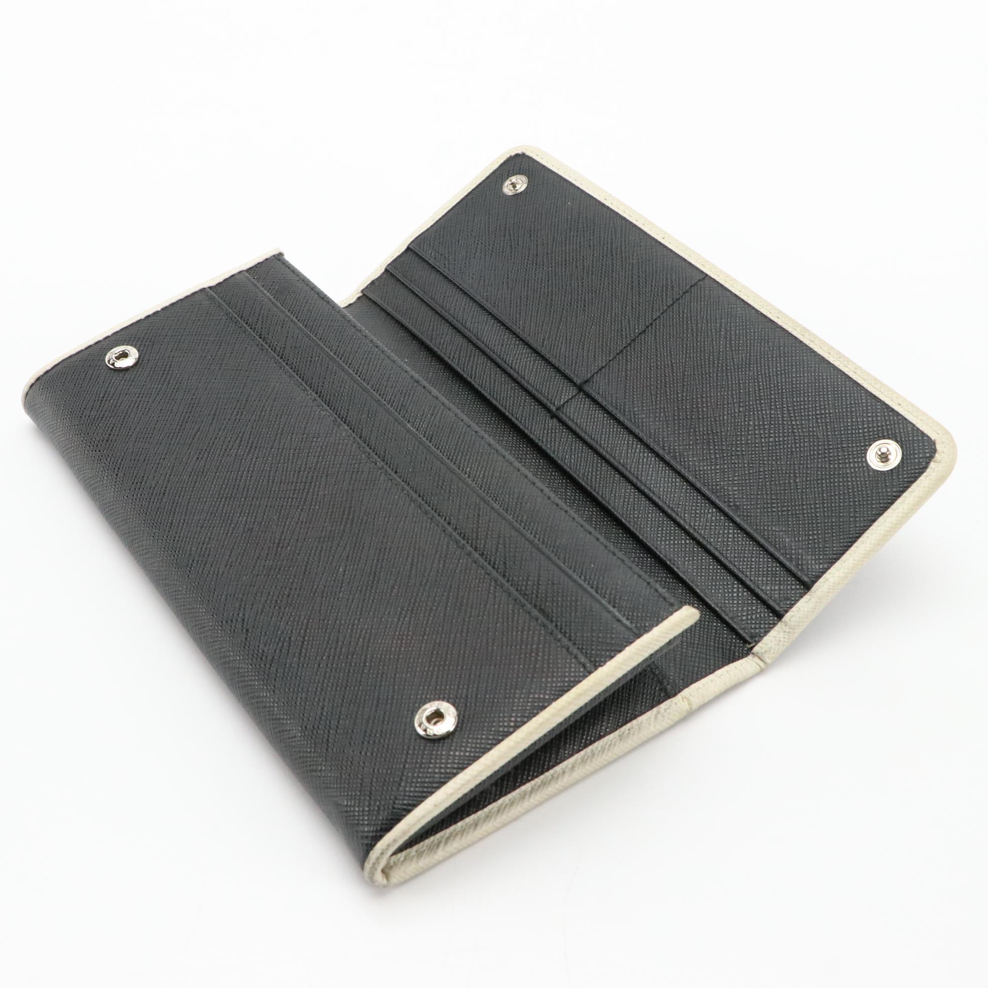 Prada Continental Wallet in Black Saffiano Leather with White Trim