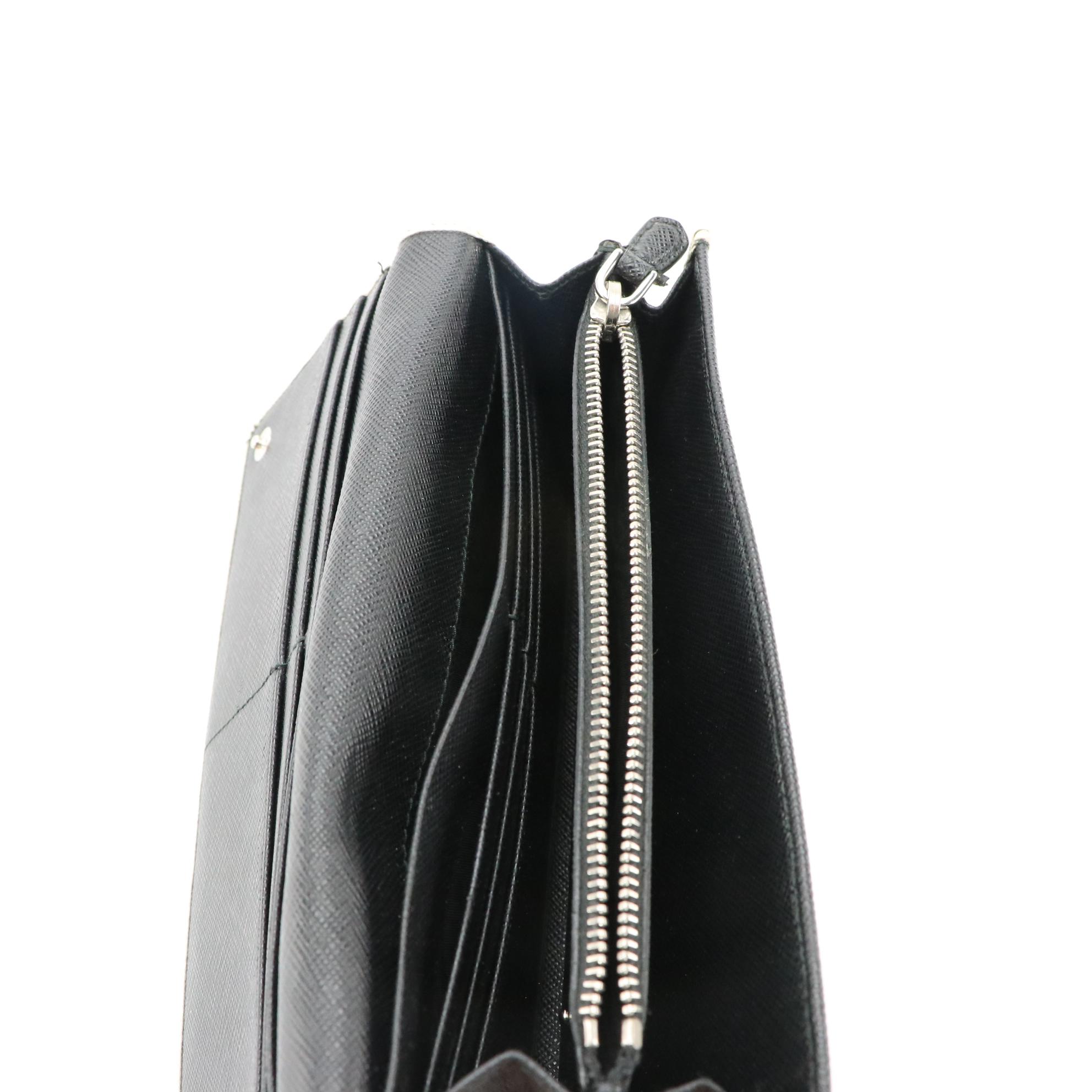 Prada Continental Wallet in Black Saffiano Leather with White Trim