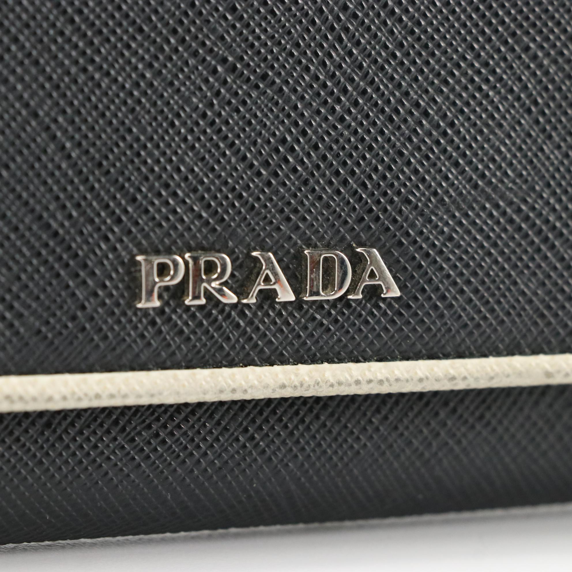 Prada Continental Wallet in Black Saffiano Leather with White Trim