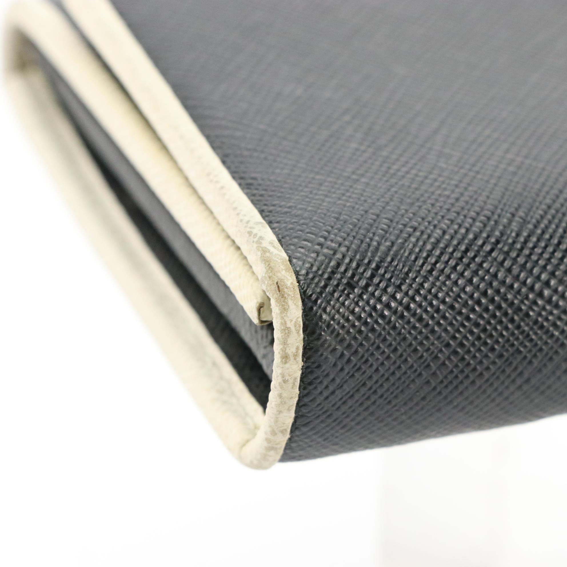 Prada Continental Wallet in Black Saffiano Leather with White Trim