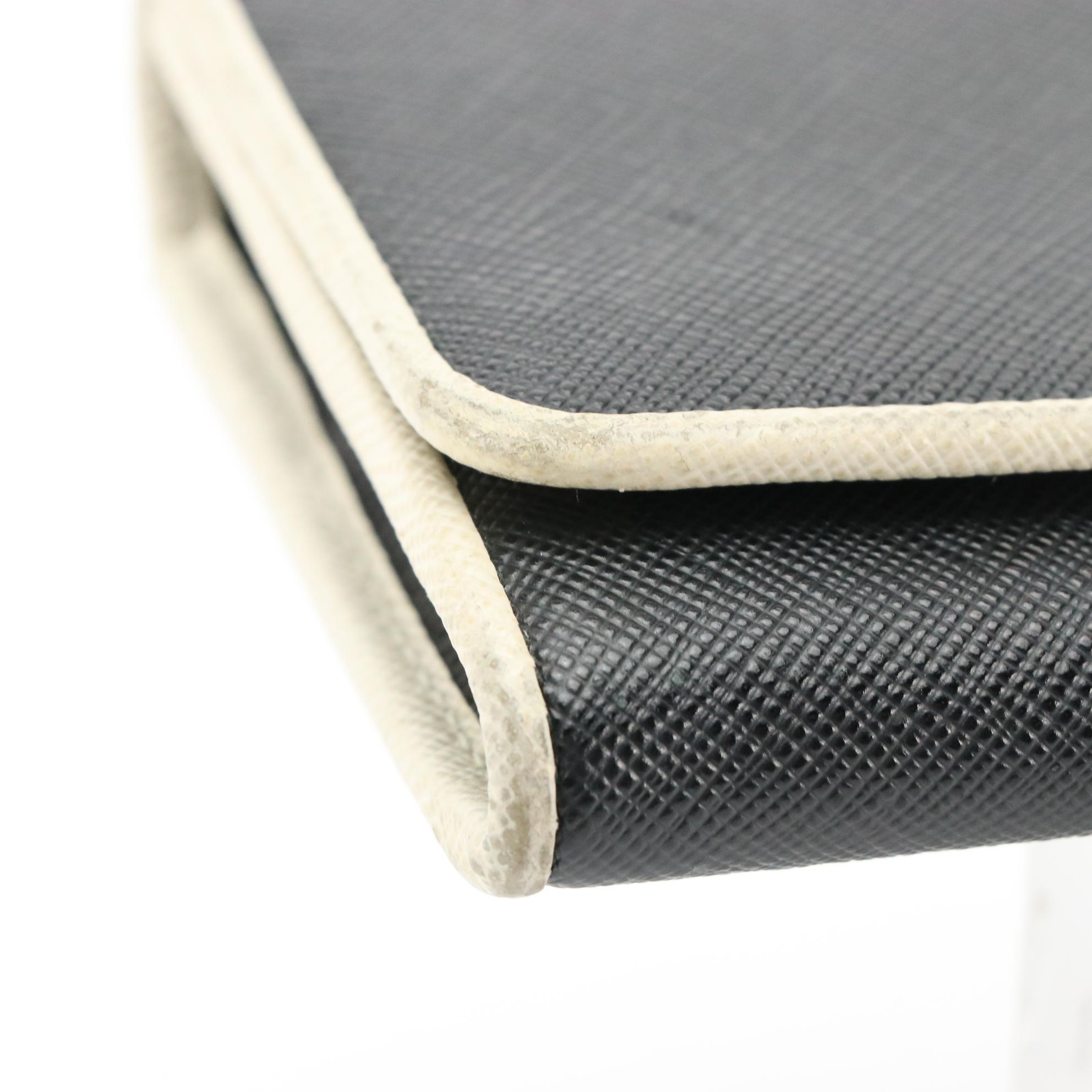 Prada Continental Wallet in Black Saffiano Leather with White Trim