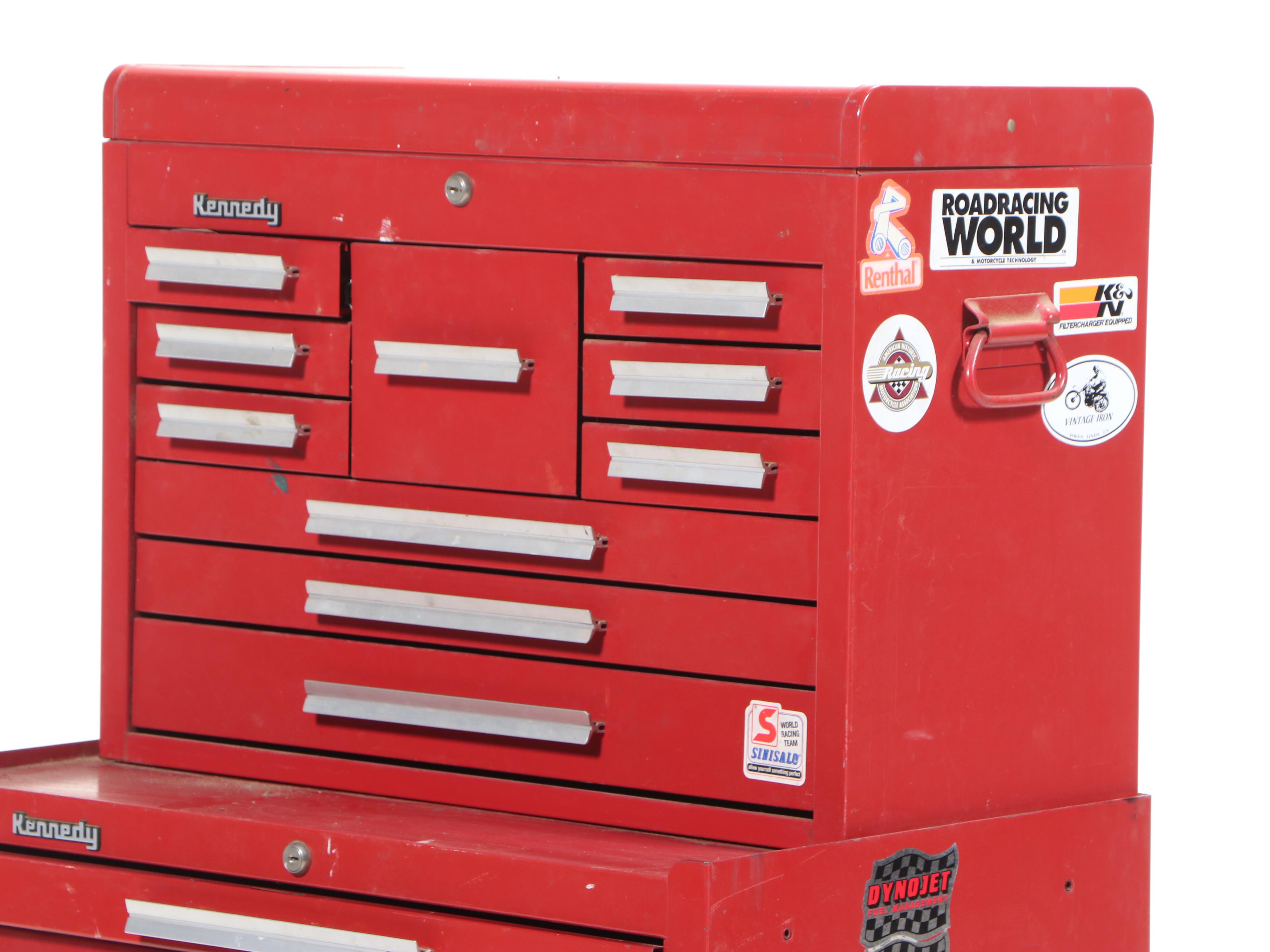Kennedy Red Metal Tool Storage Box on Casters with Assorted Hand Tools