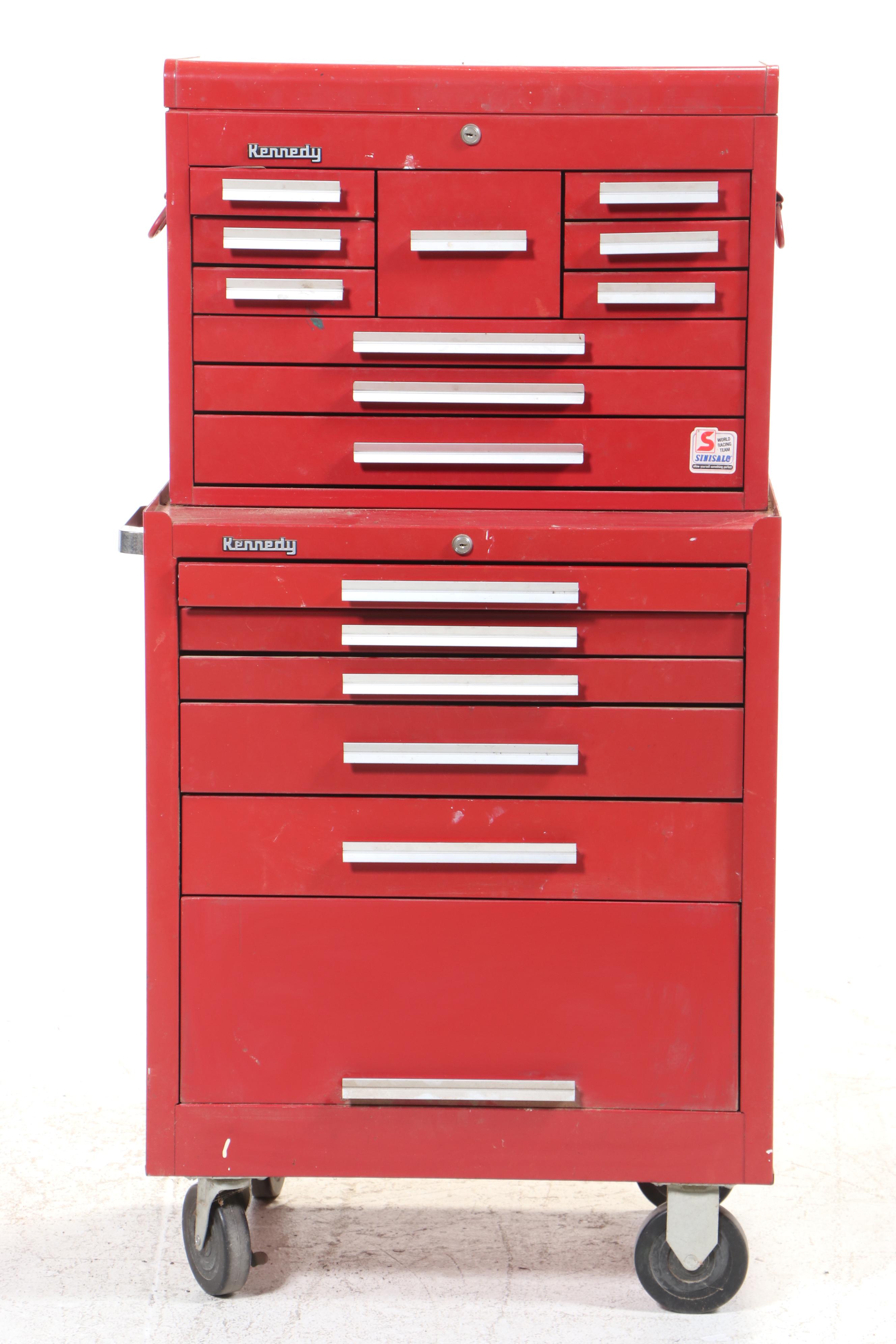 Kennedy Red Metal Tool Storage Box on Casters with Assorted Hand Tools