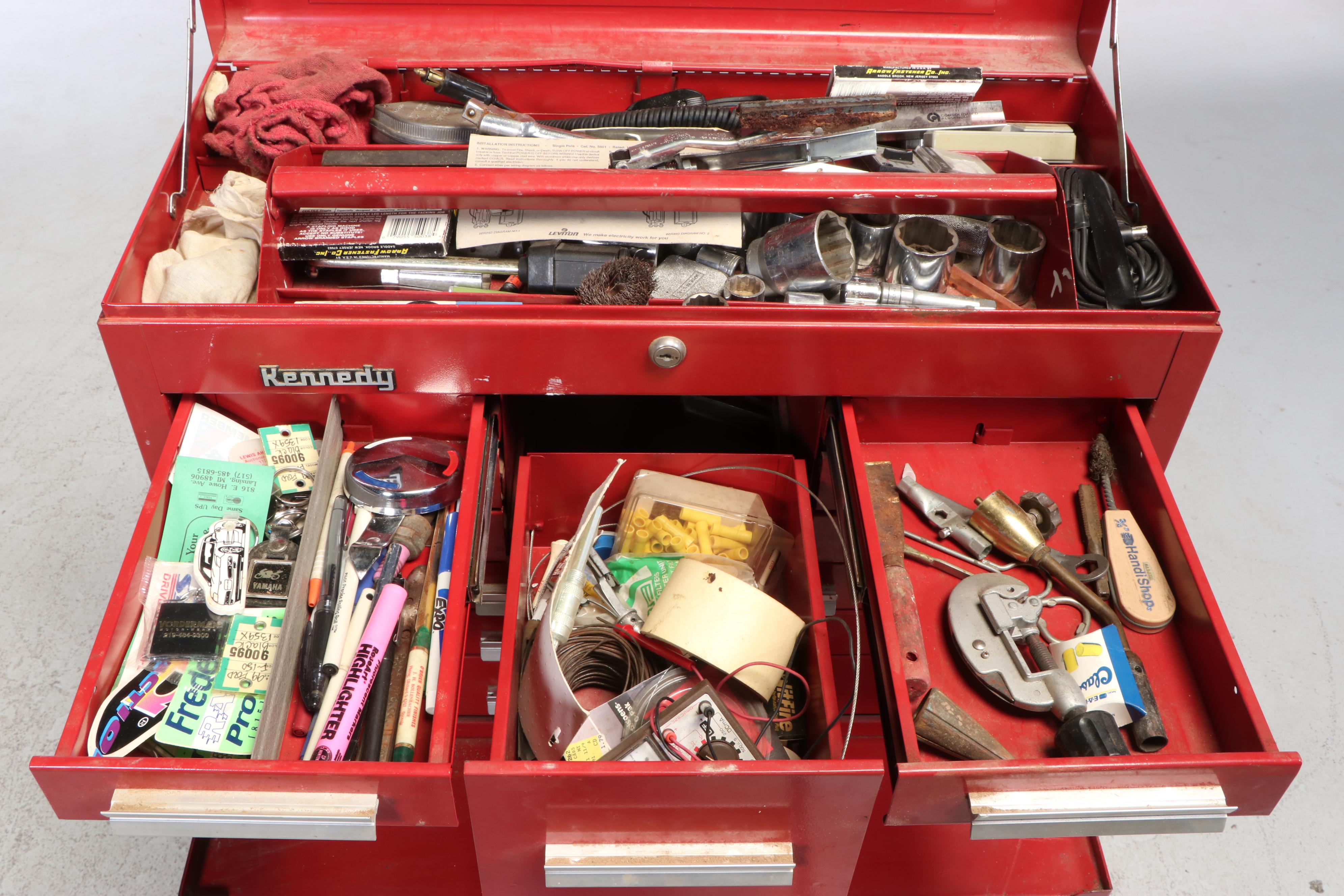 Kennedy Red Metal Tool Storage Box on Casters with Assorted Hand Tools