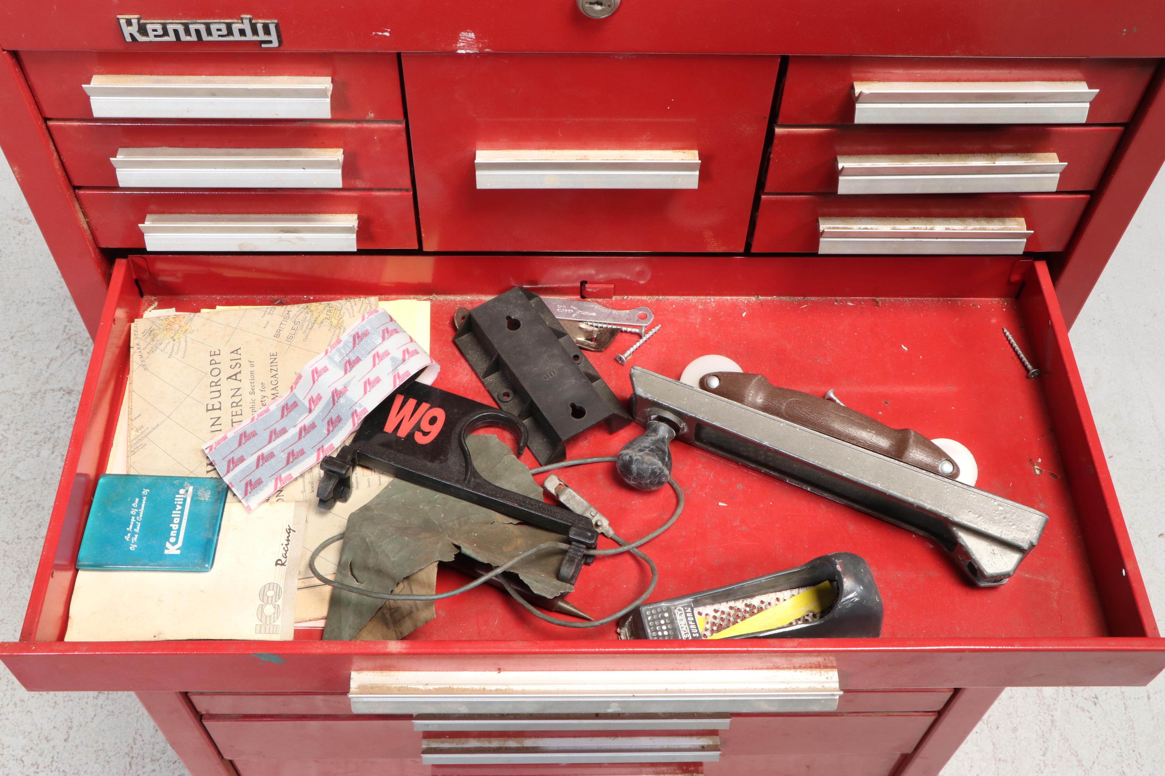 Kennedy Red Metal Tool Storage Box on Casters with Assorted Hand Tools