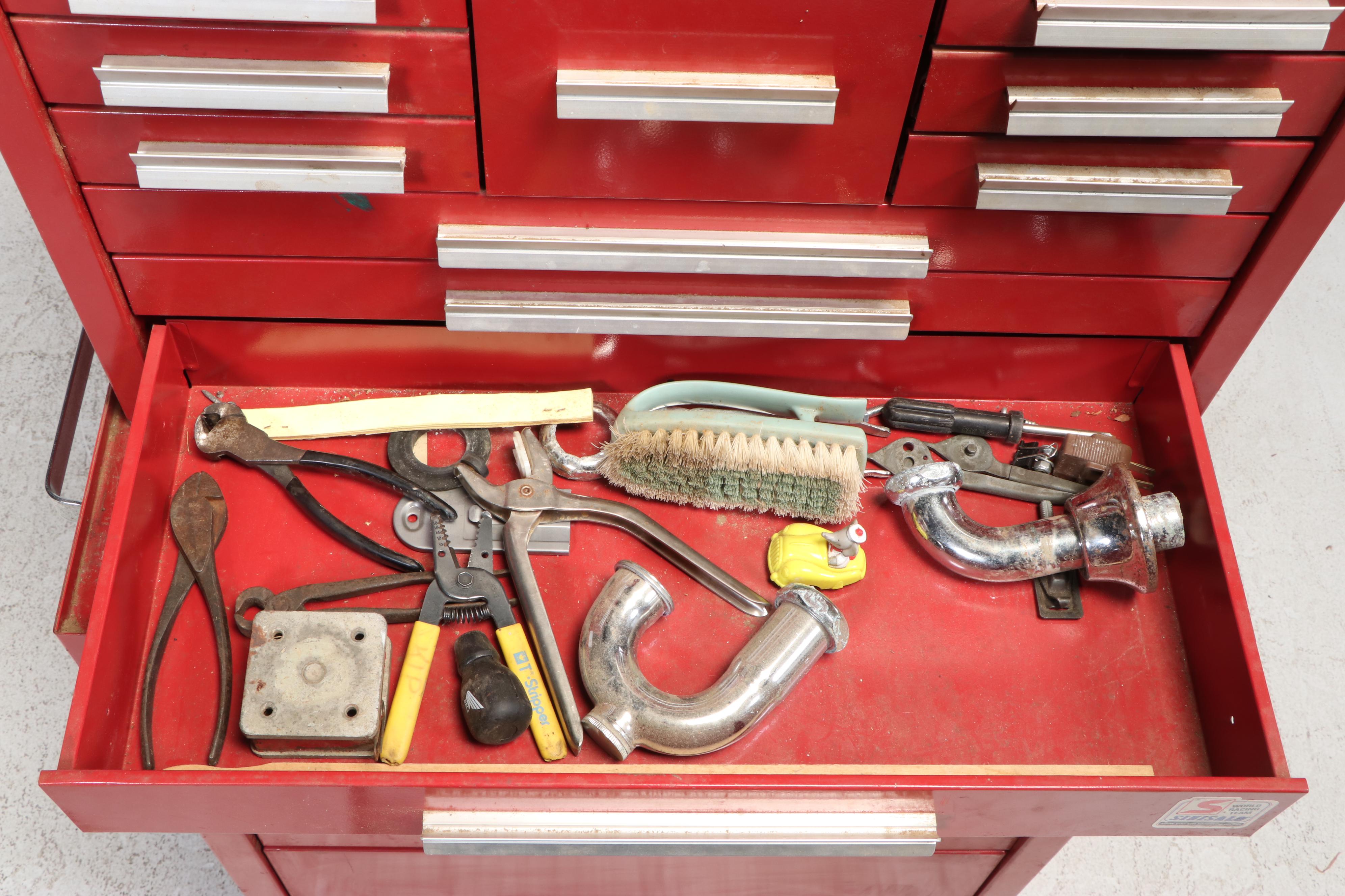 Kennedy Red Metal Tool Storage Box on Casters with Assorted Hand Tools