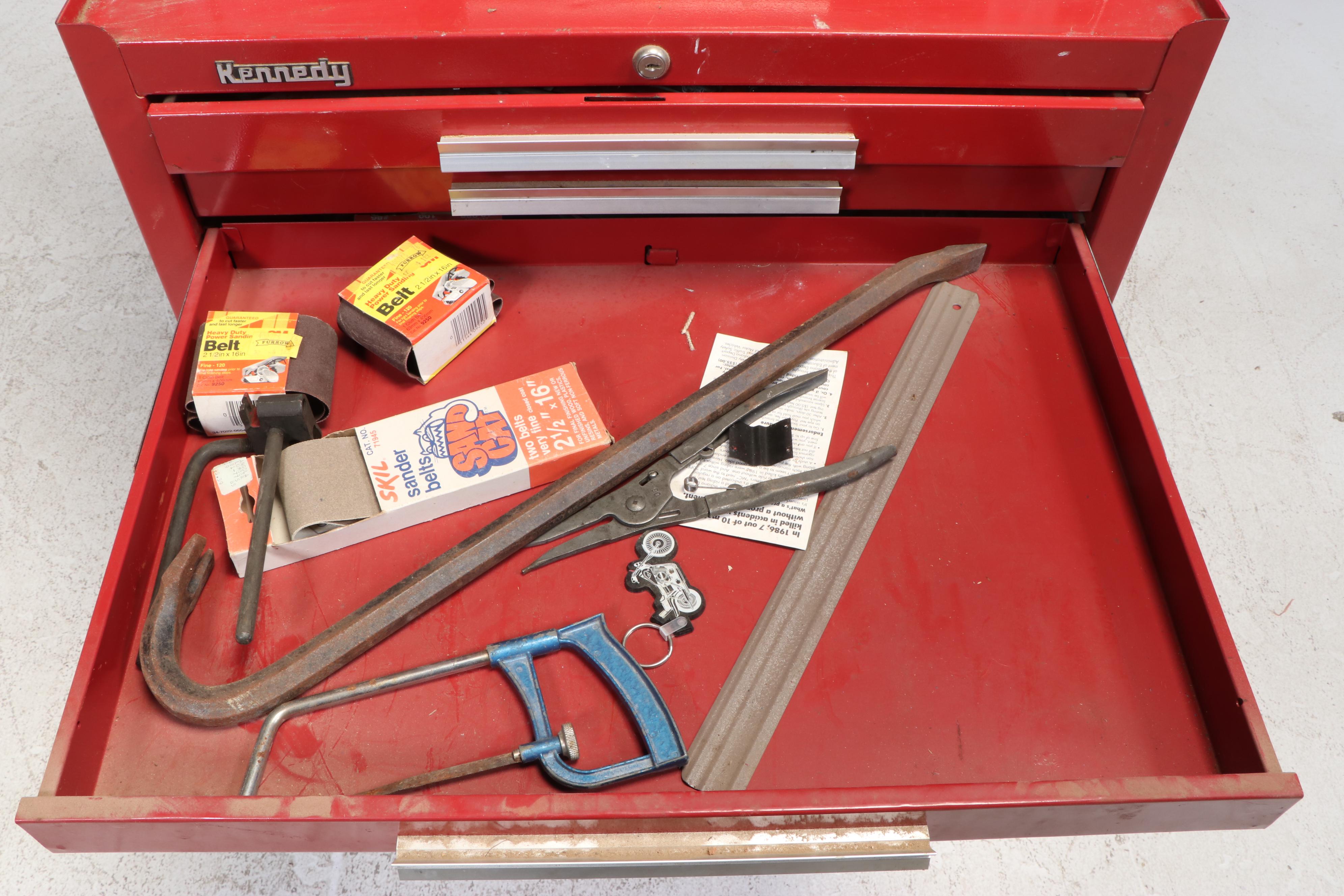 Kennedy Red Metal Tool Storage Box on Casters with Assorted Hand Tools