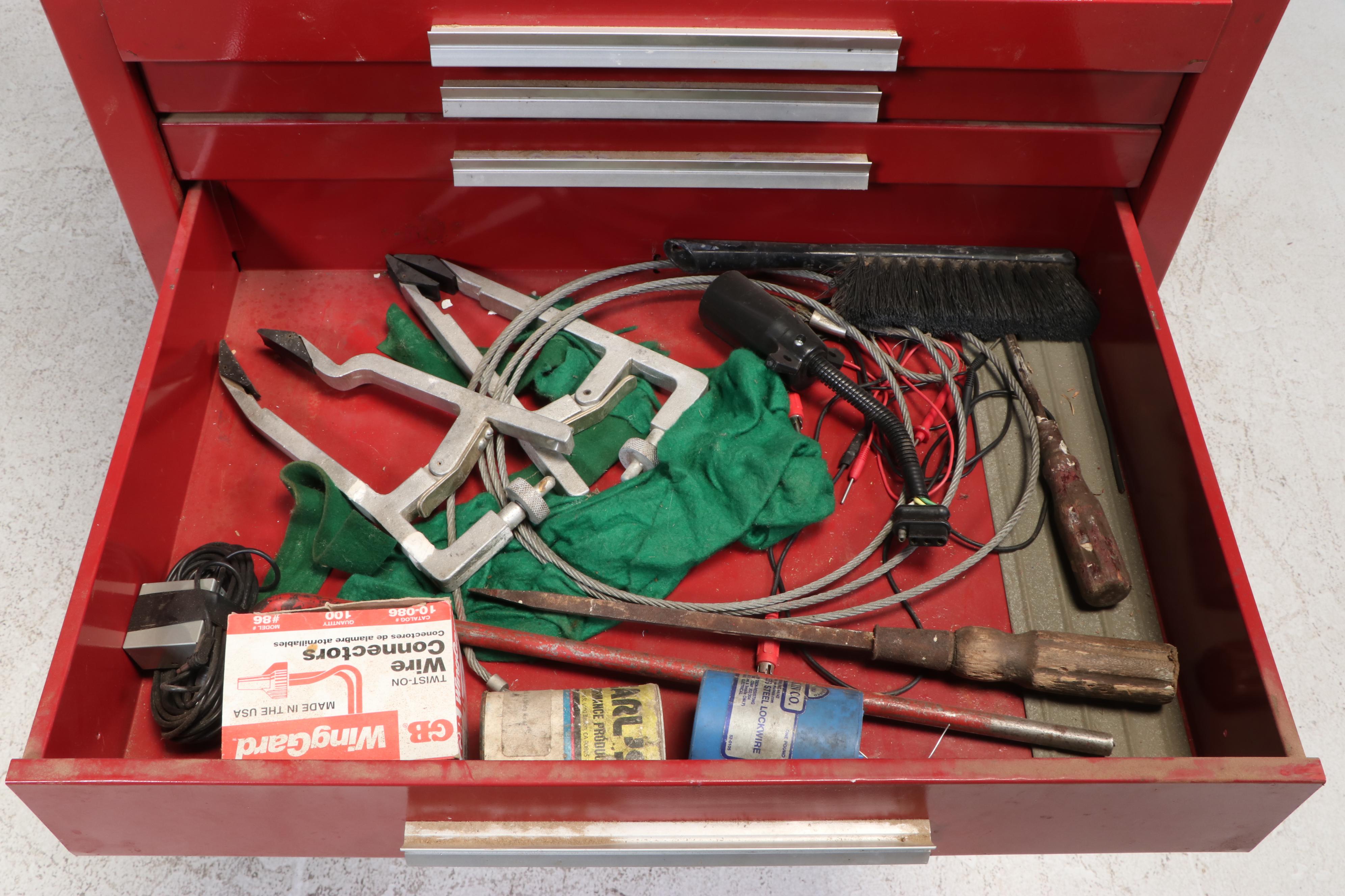 Kennedy Red Metal Tool Storage Box on Casters with Assorted Hand Tools