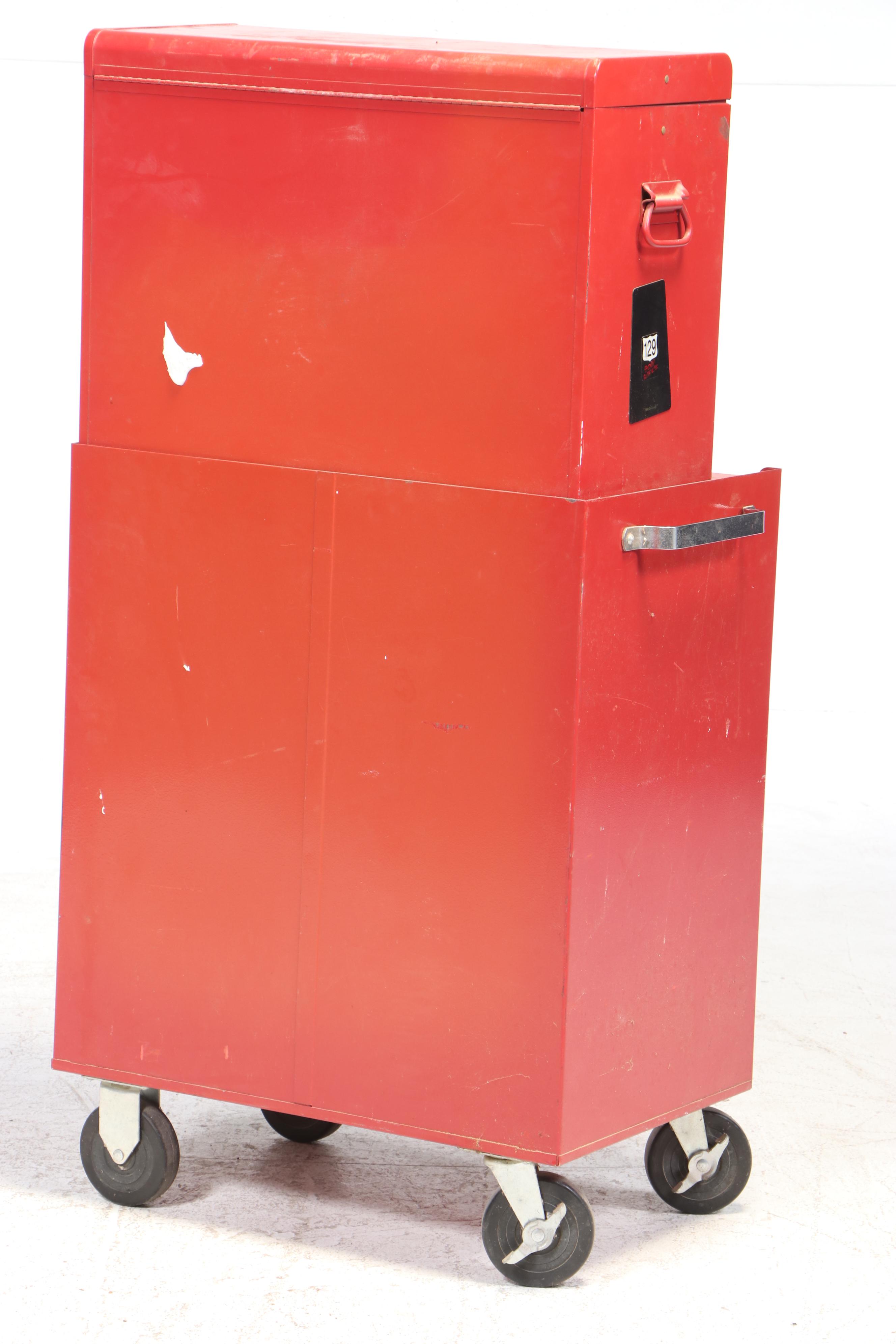 Kennedy Red Metal Tool Storage Box on Casters with Assorted Hand Tools