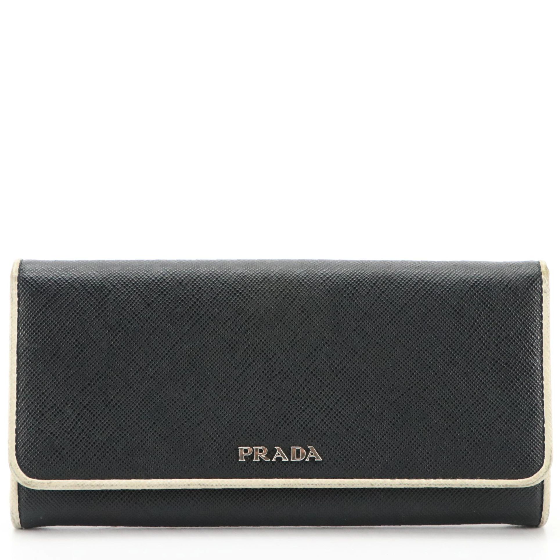 Prada Continental Wallet in Black Saffiano Leather with White Trim