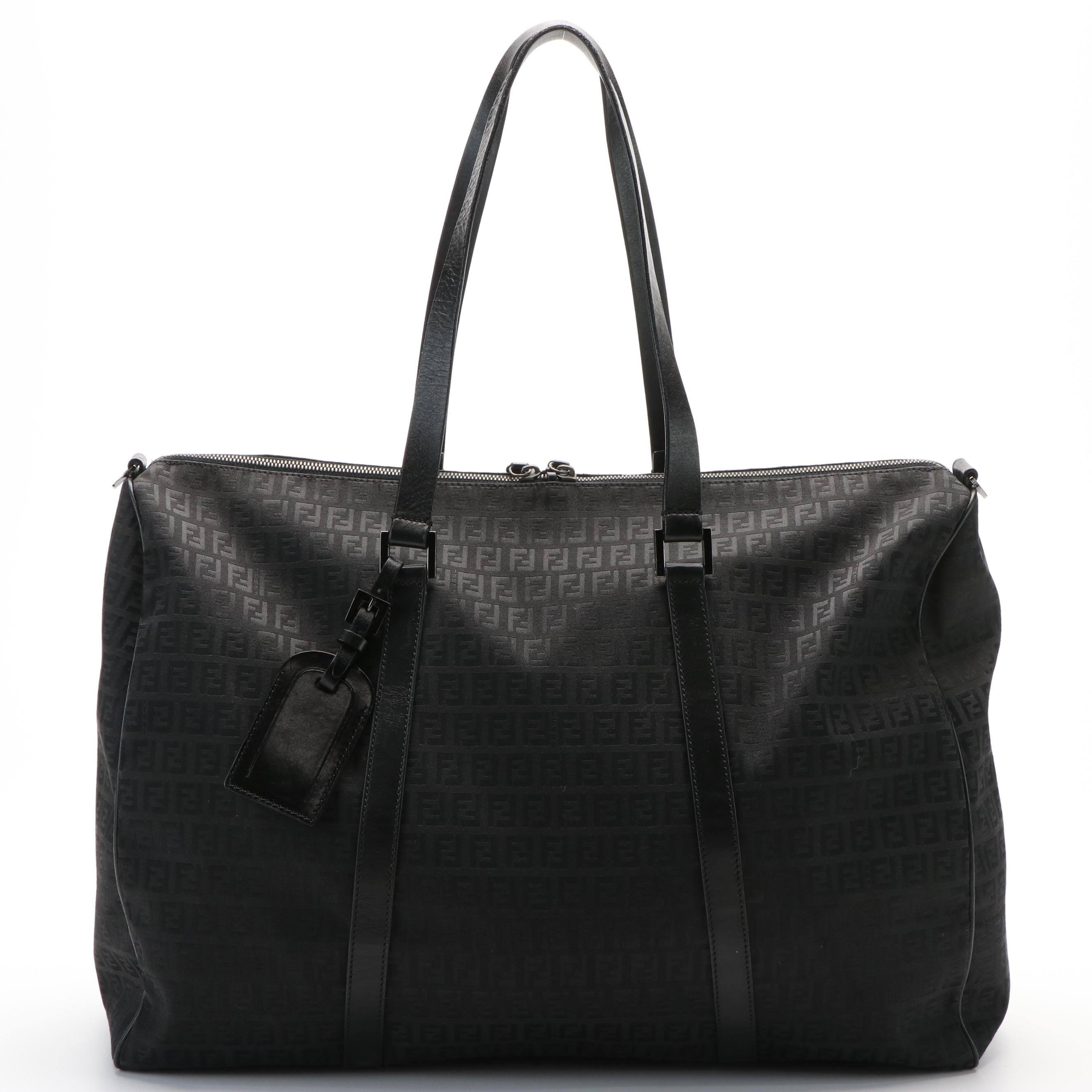 Fendi Black Zucca Canvas Medium Duffle Bag with Leather Trim