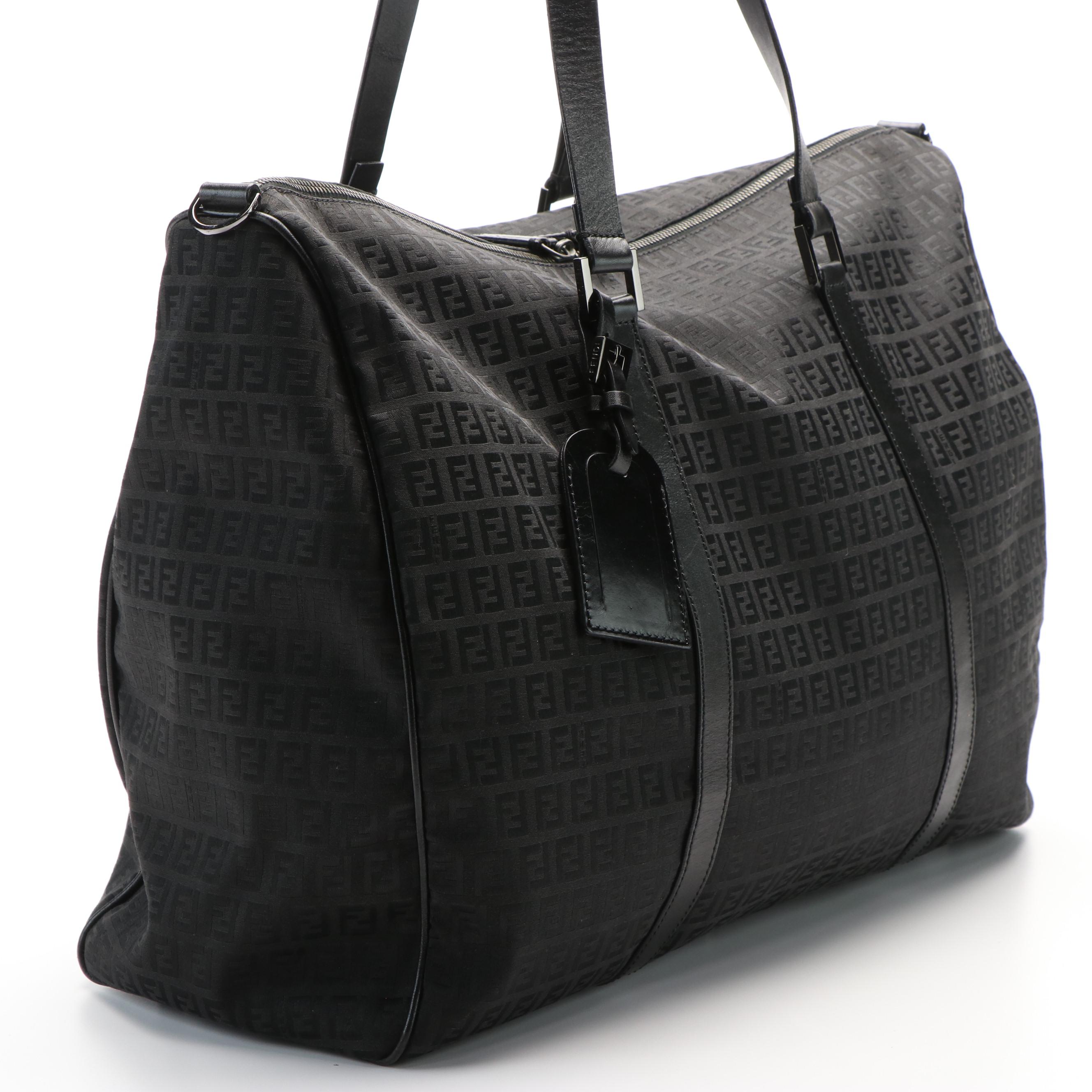 Fendi Black Zucca Canvas Medium Duffle Bag with Leather Trim