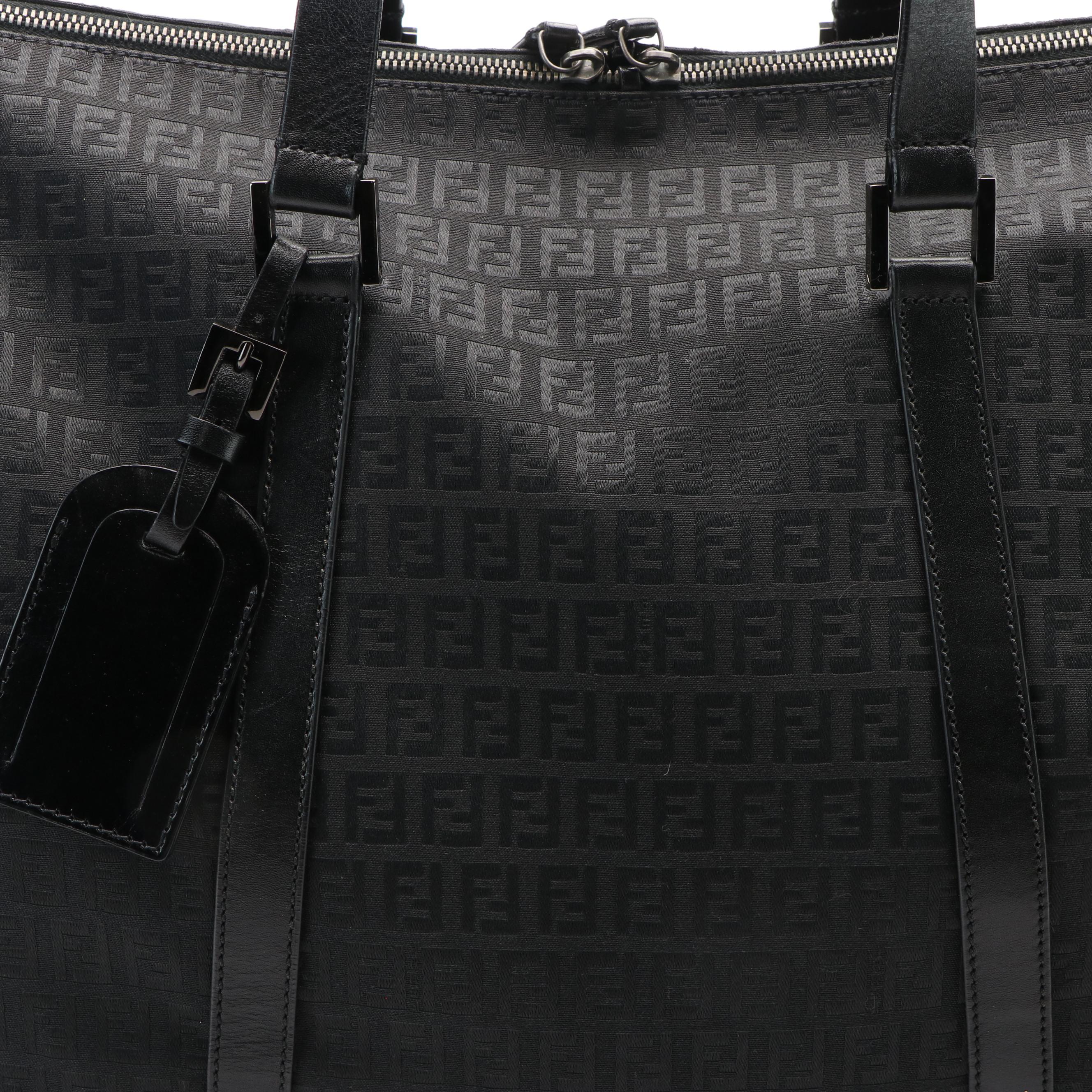 Fendi Black Zucca Canvas Medium Duffle Bag with Leather Trim