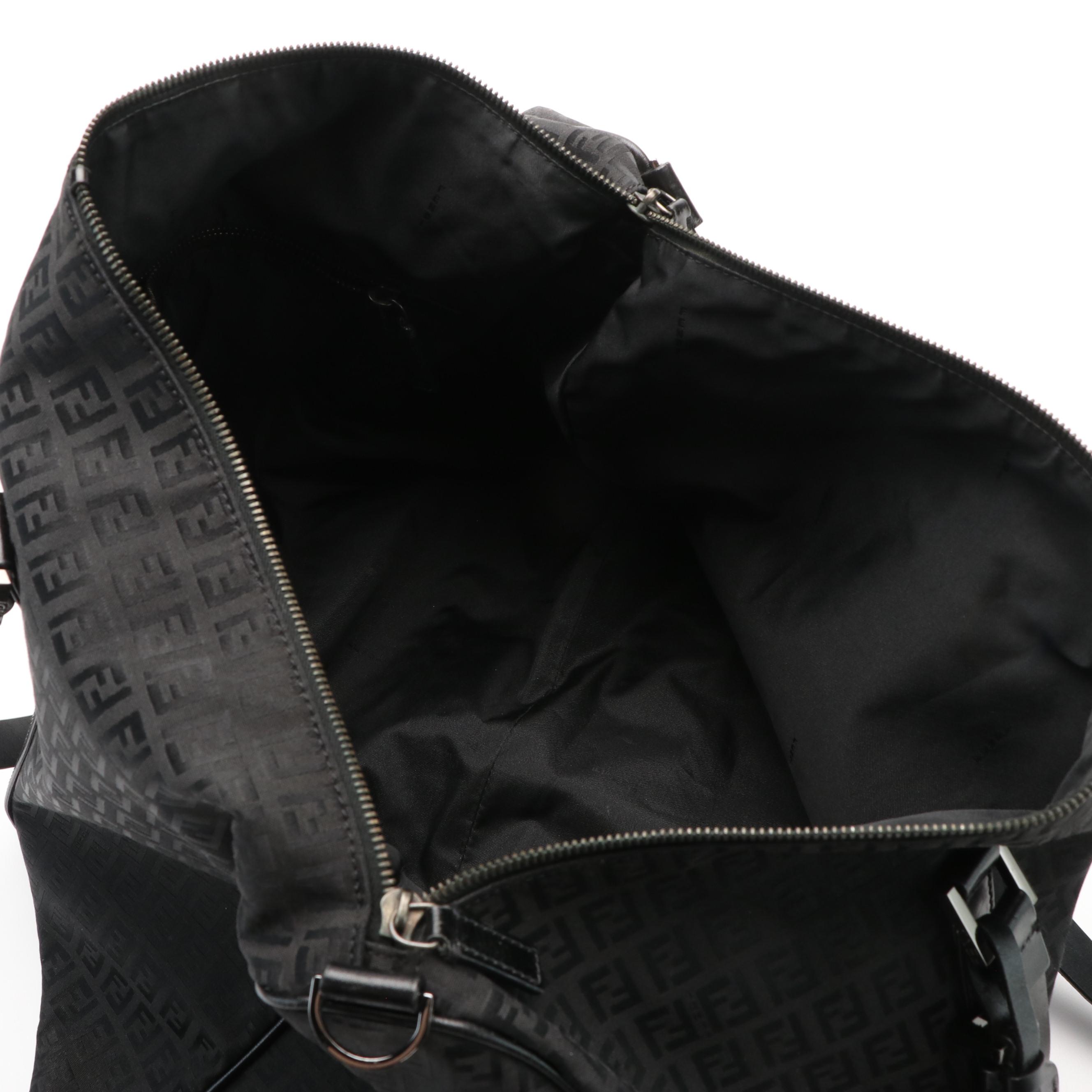 Fendi Black Zucca Canvas Medium Duffle Bag with Leather Trim