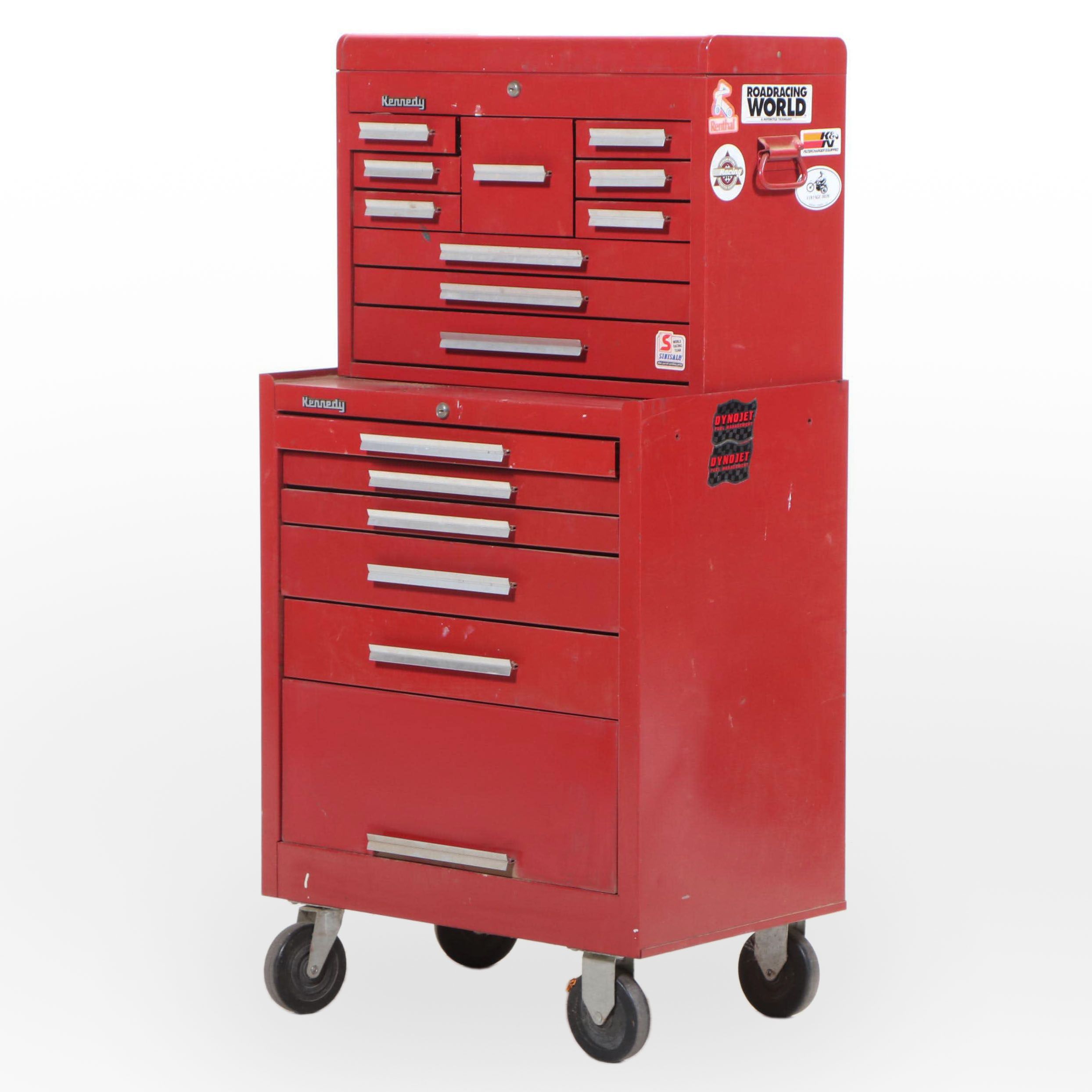 Kennedy Red Metal Tool Storage Box on Casters with Assorted Hand Tools