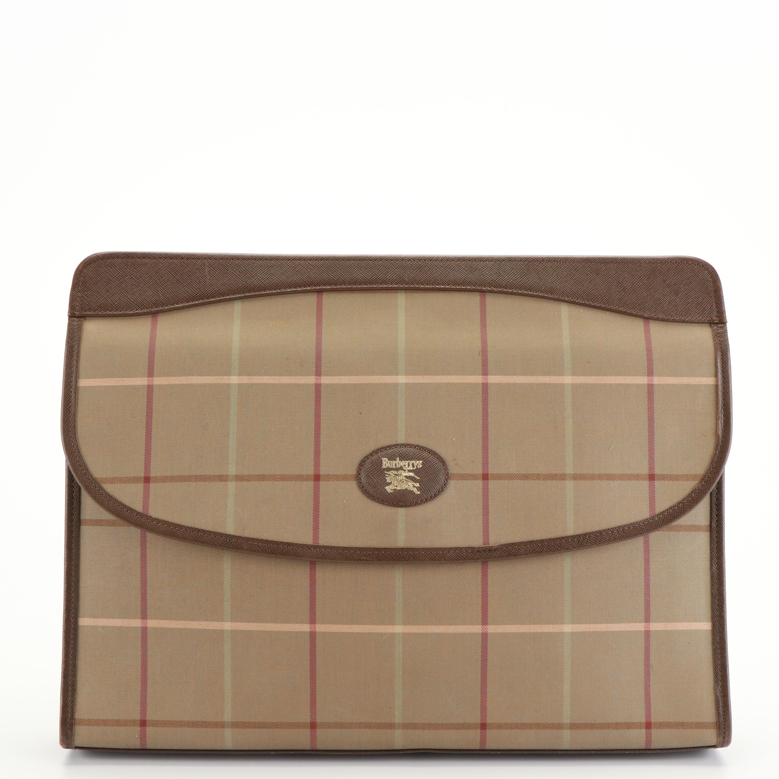 Burberry  Brown Plaid Canvas Document Bag