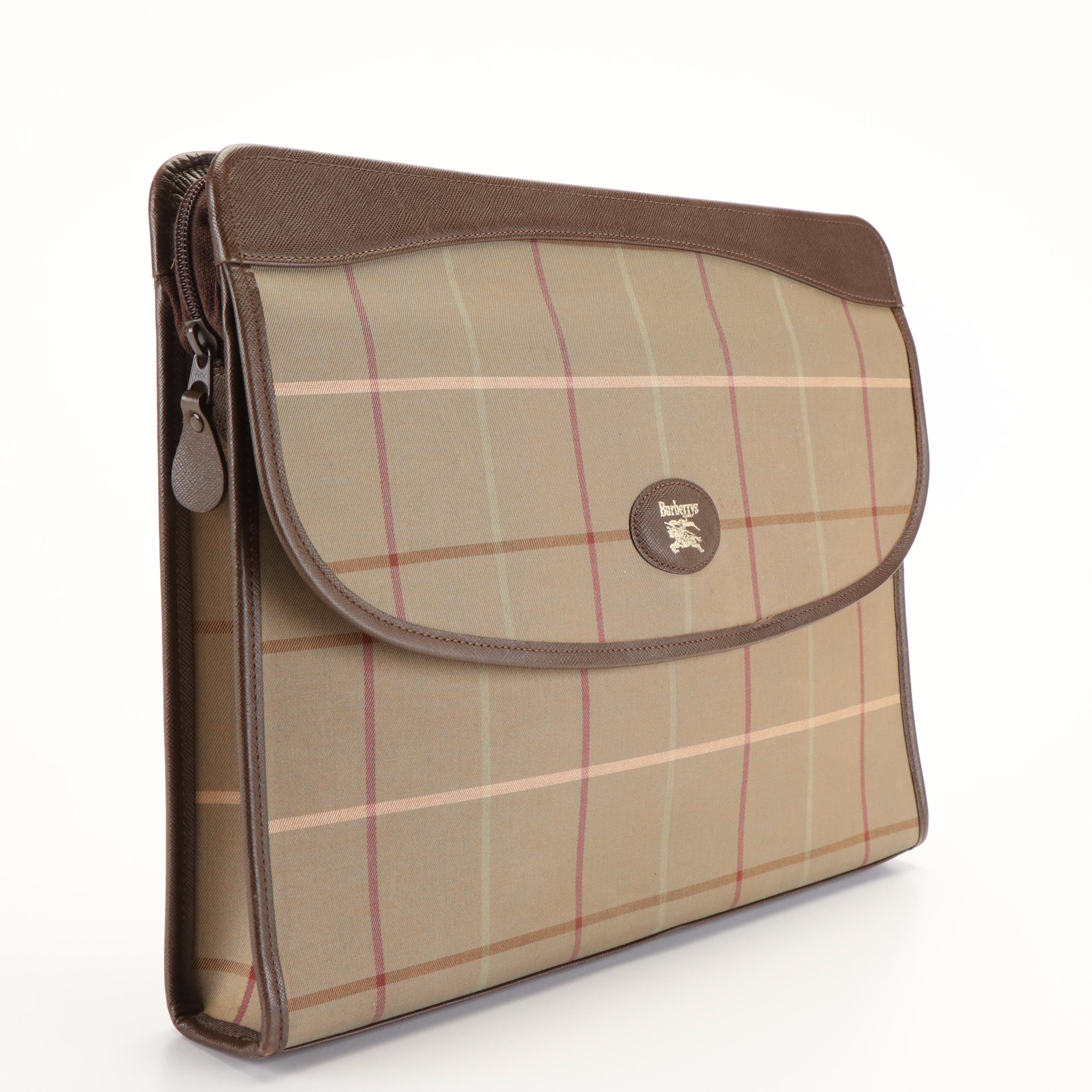 Burberry  Brown Plaid Canvas Document Bag