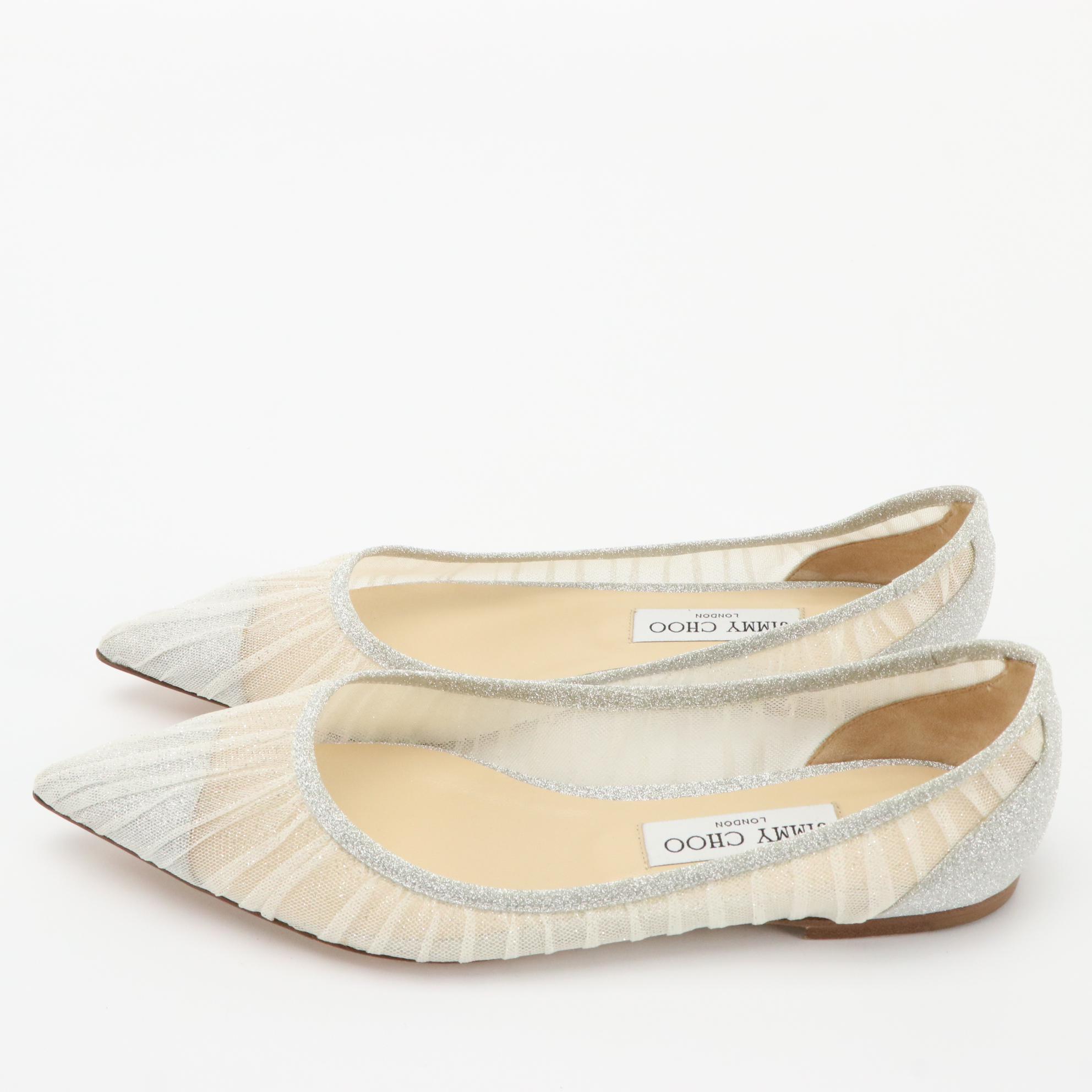 Jimmy Choo Love Glittered Tulle and Canvas Point-Toe Flats