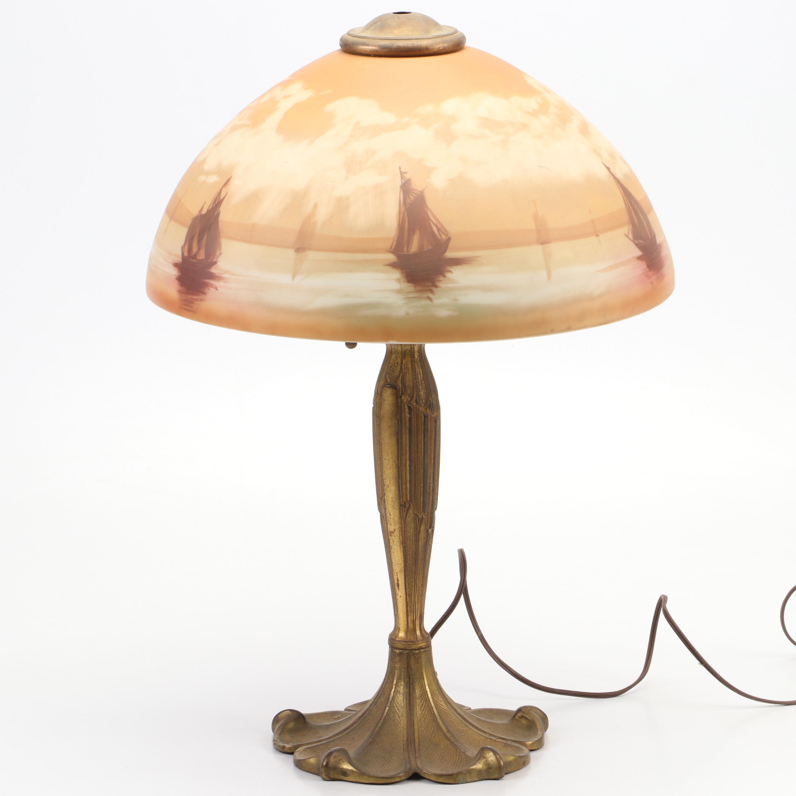 Table Lamp with Hand-Painted Harbor Scene on Lamp Shade