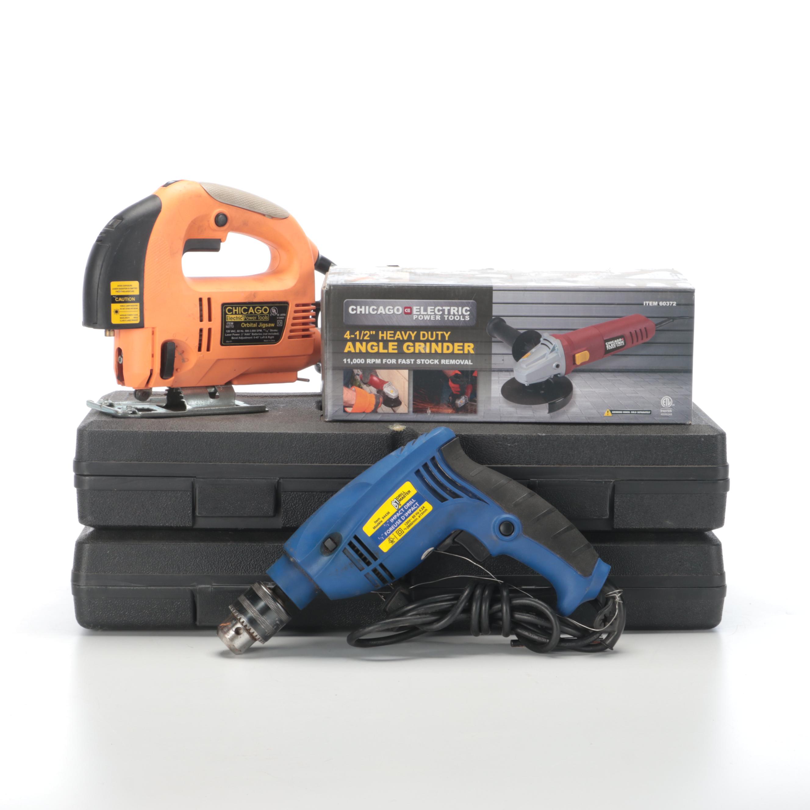 Chicago Electric Jigsaw and Angle Grinder, Drill Master Impact Drill