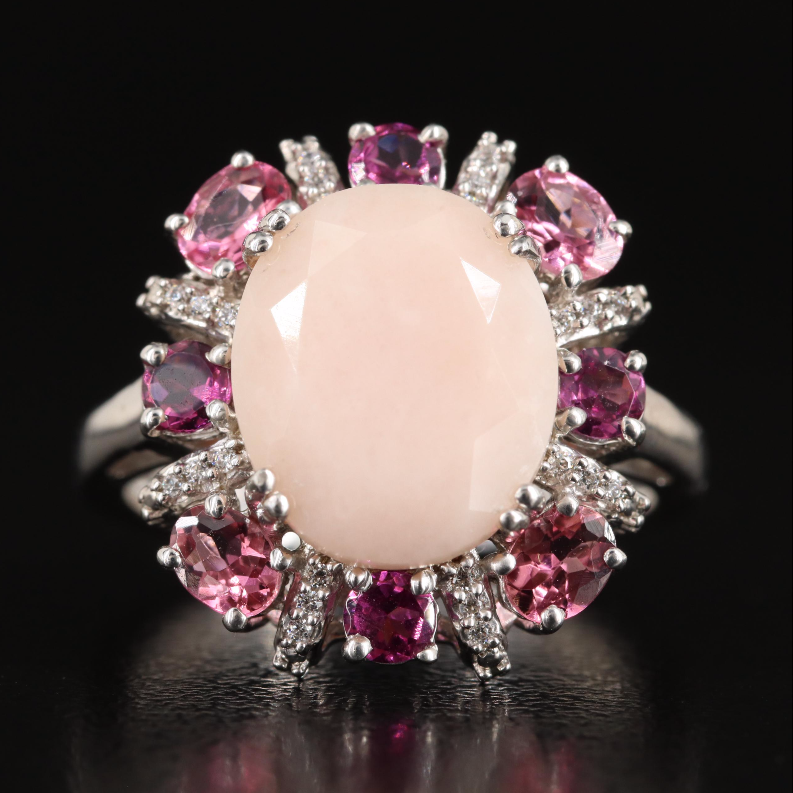 Sterling Opal and Tourmaline Ring with Cubic Zirconia