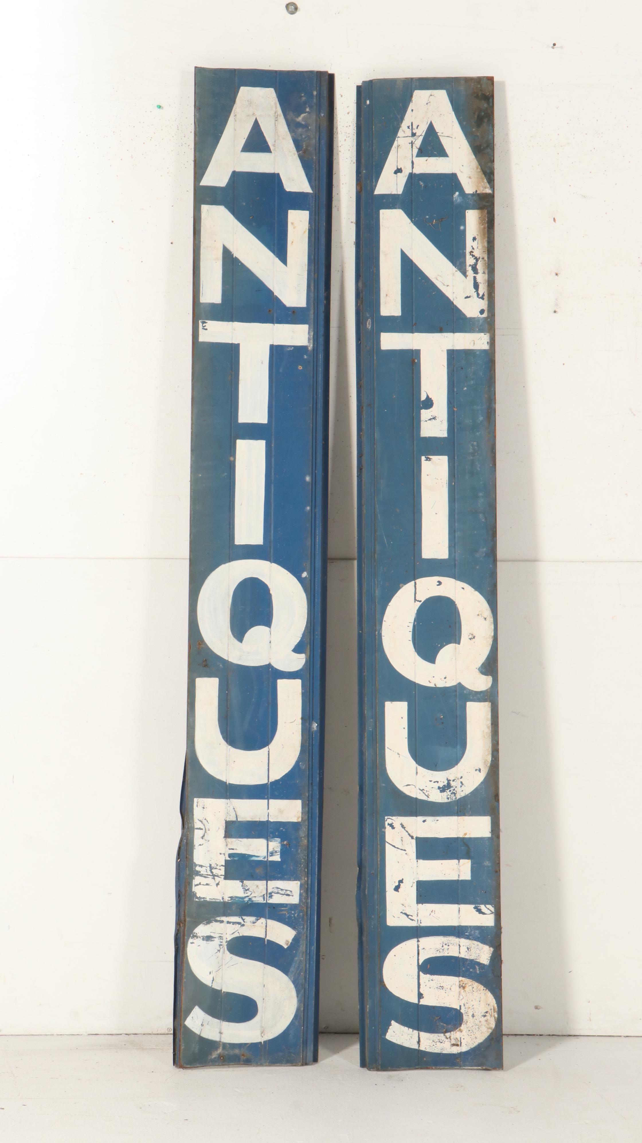Large Scale Paint-Decorated Metal "Antiques" Wall Signs