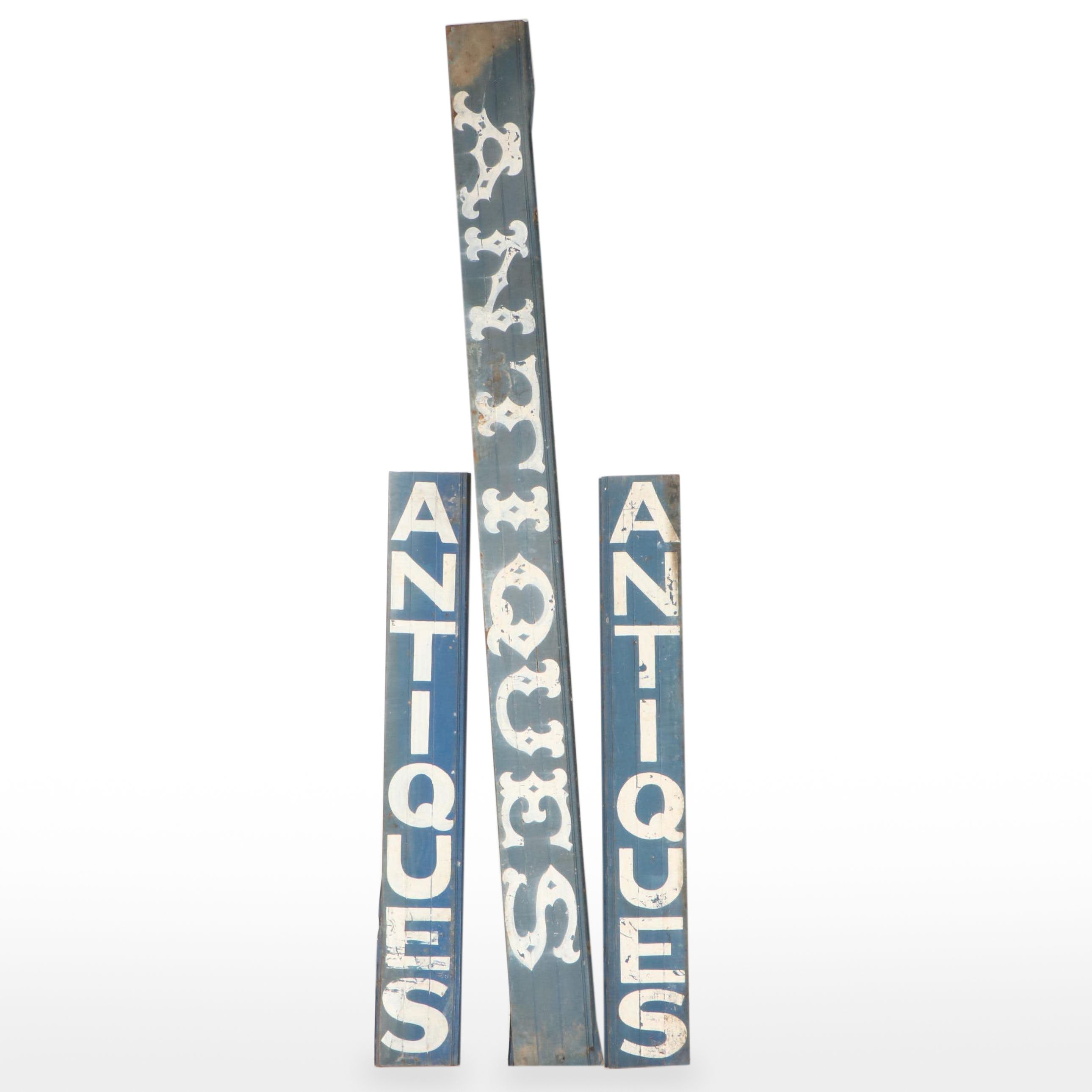 Large Scale Paint-Decorated Metal "Antiques" Wall Signs