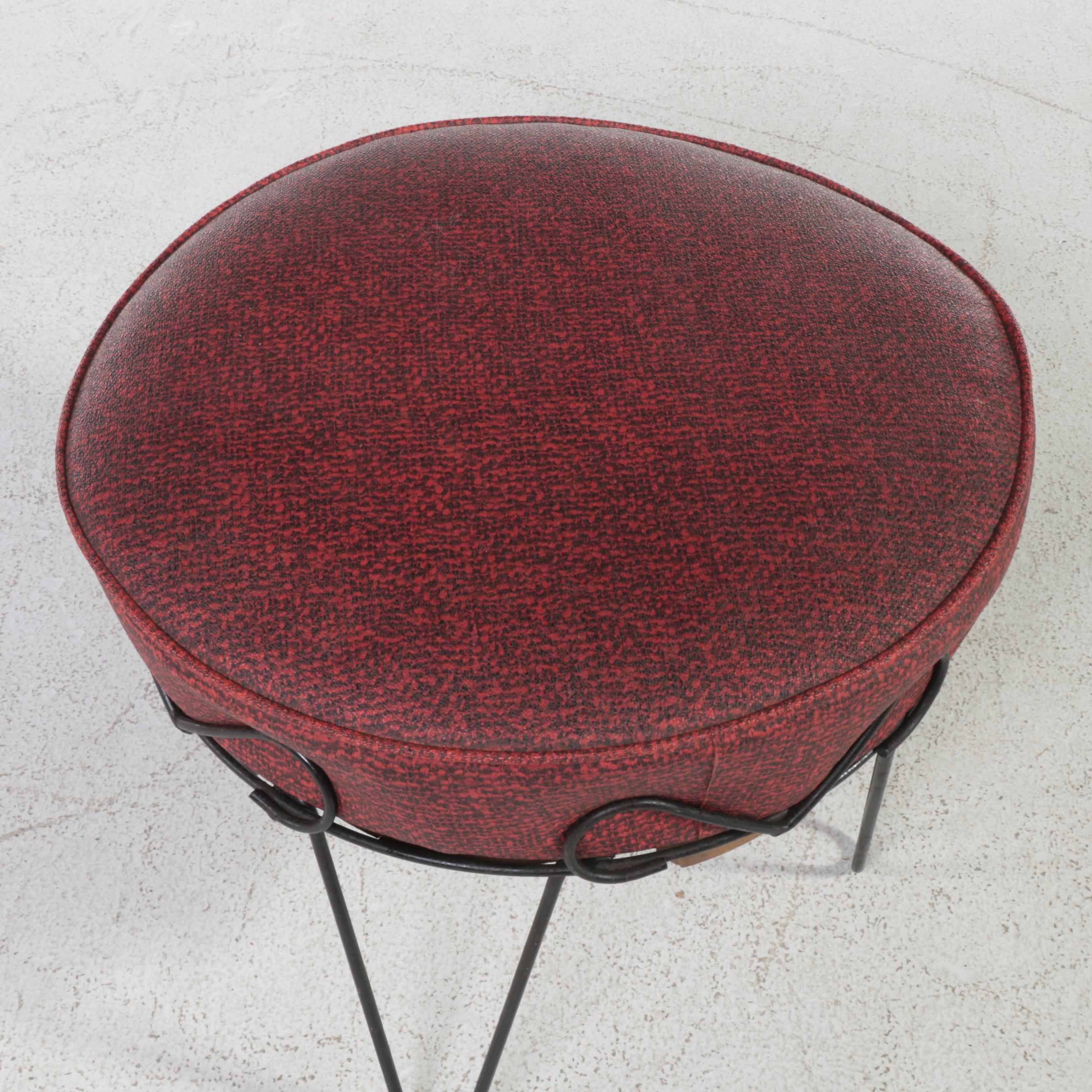 Mid Century Modern Steel Wire and Upholstered Footstool
