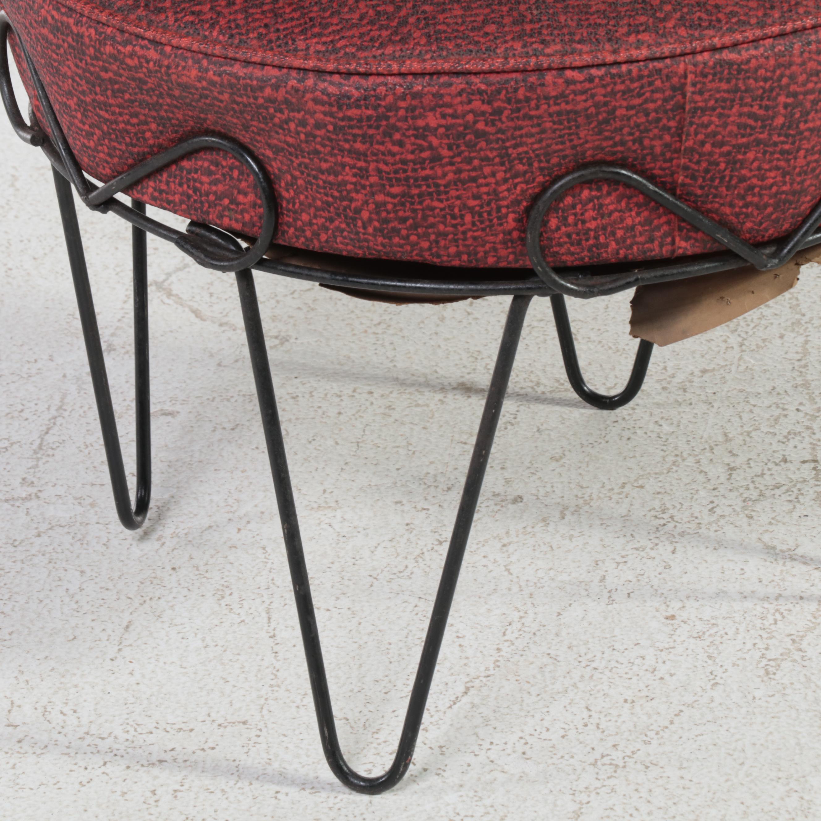 Mid Century Modern Steel Wire and Upholstered Footstool
