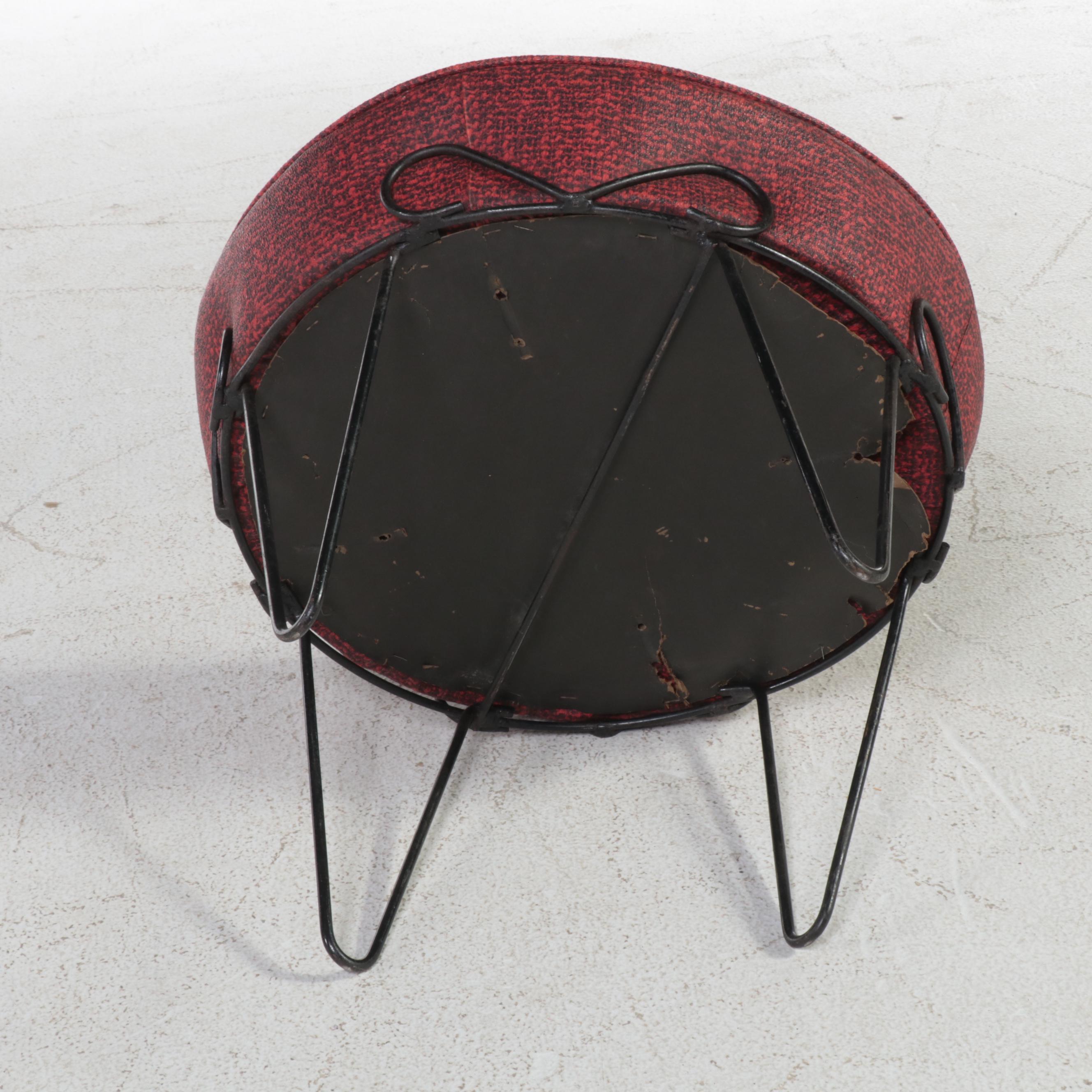 Mid Century Modern Steel Wire and Upholstered Footstool