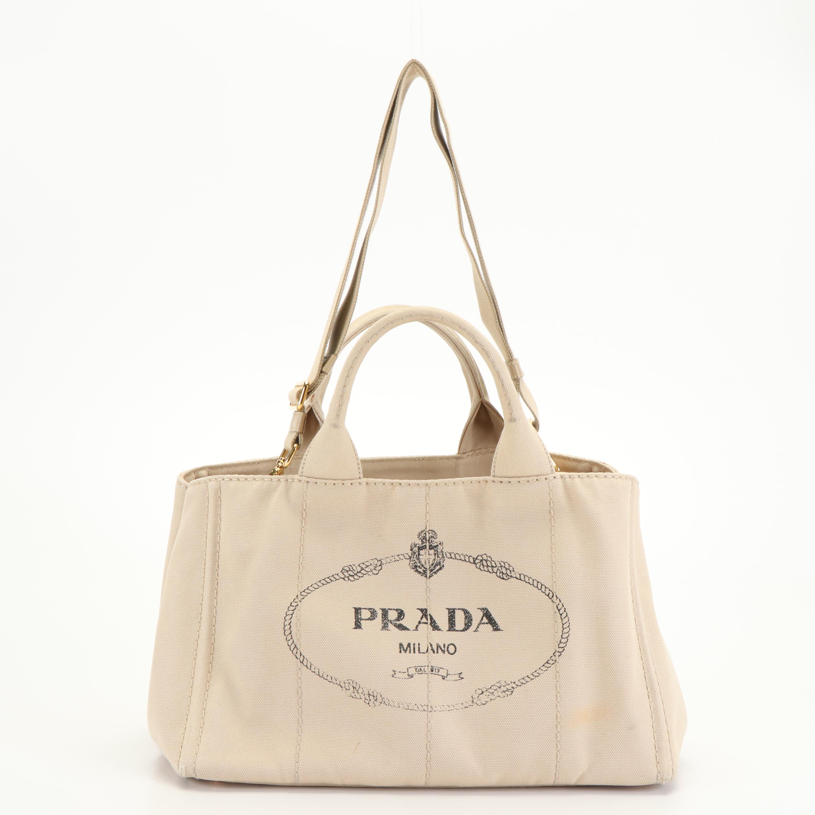 Prada Canapa Logo Two-Way Tote in Off-White Canvas