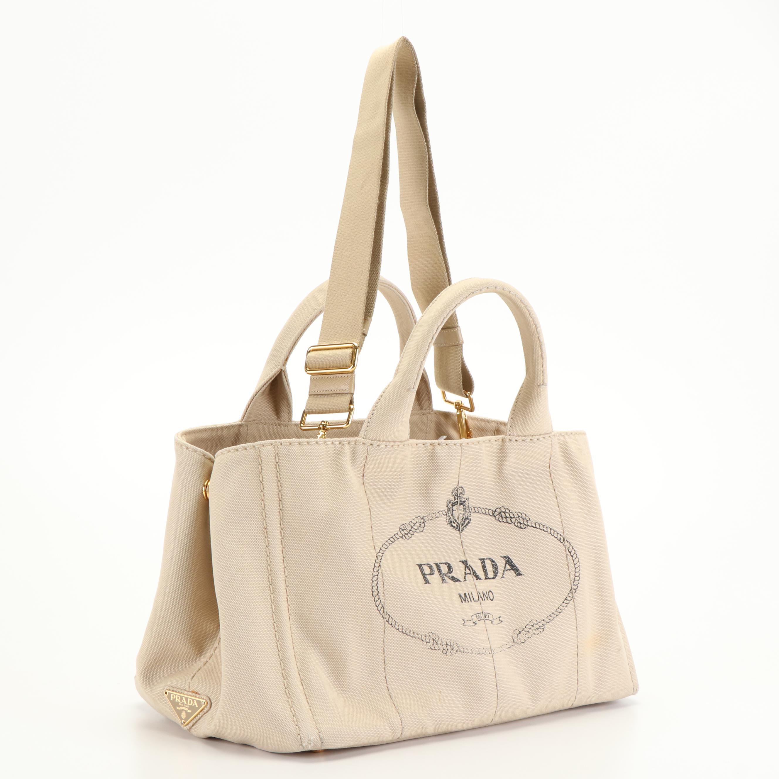 Prada Canapa Logo Two-Way Tote in Off-White Canvas