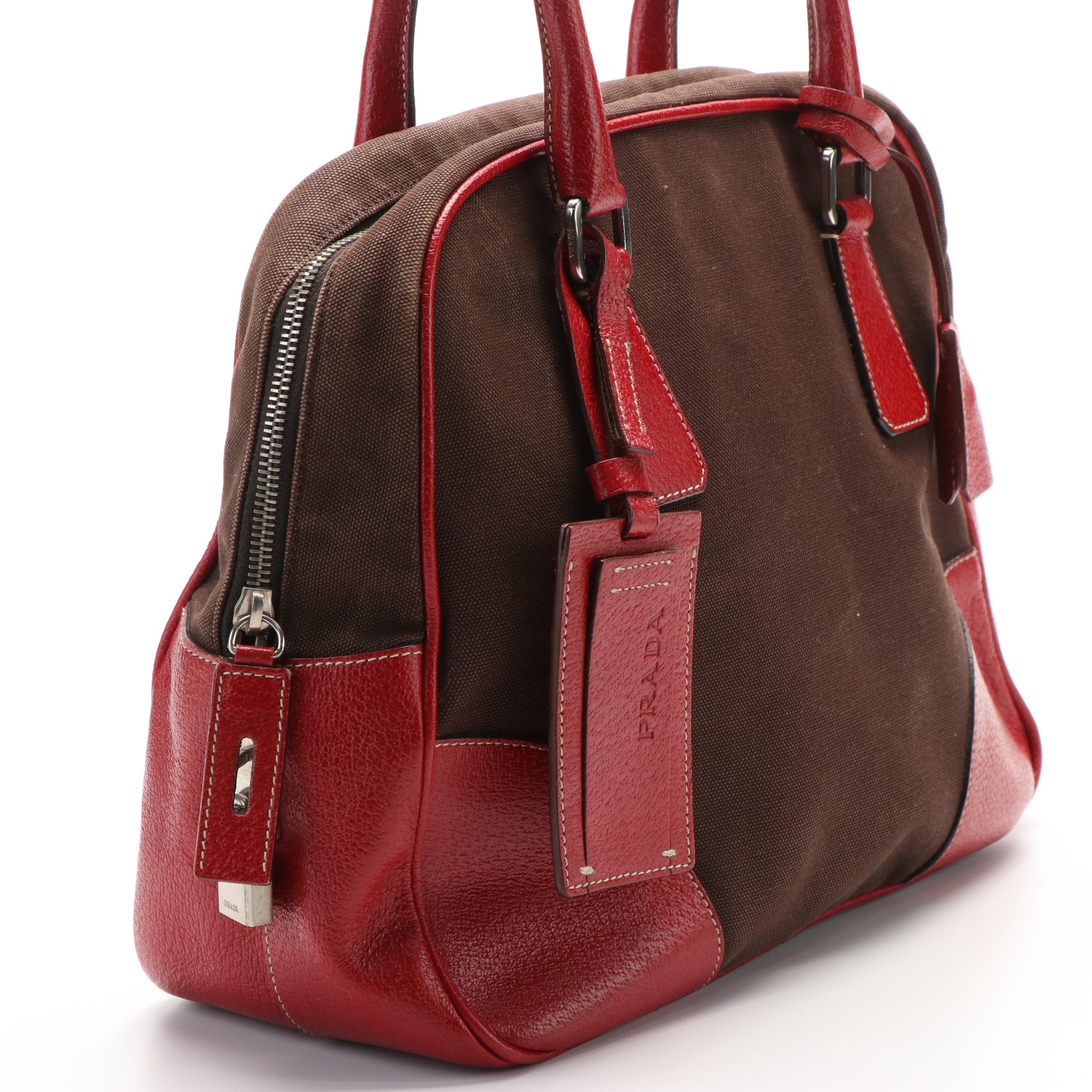 Prada Brown Canvas and Red Leather Bowling Handbag