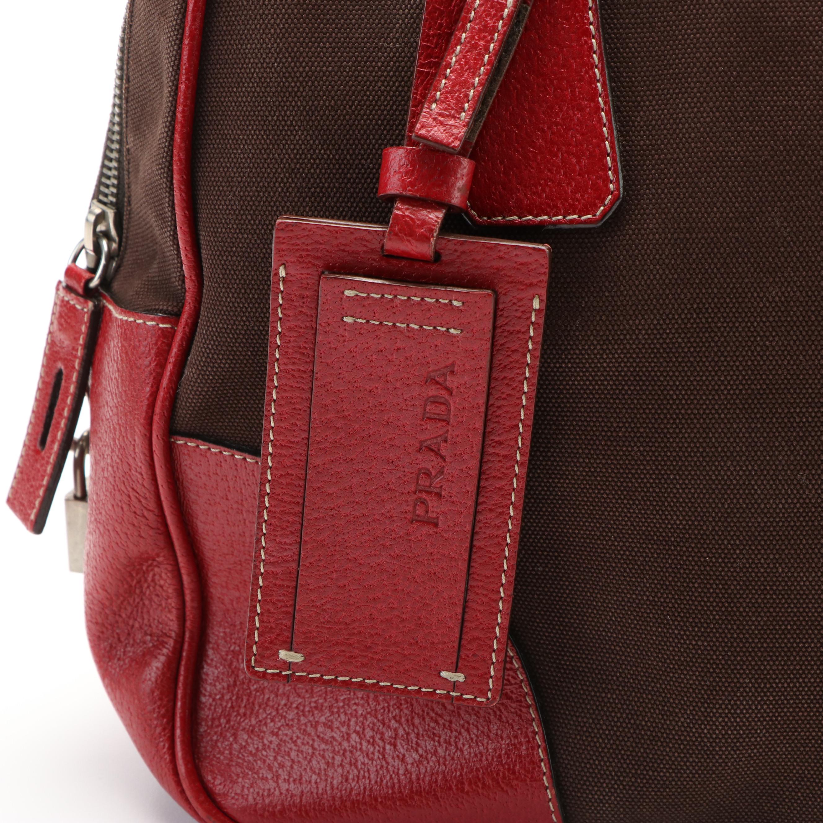Prada Brown Canvas and Red Leather Bowling Handbag