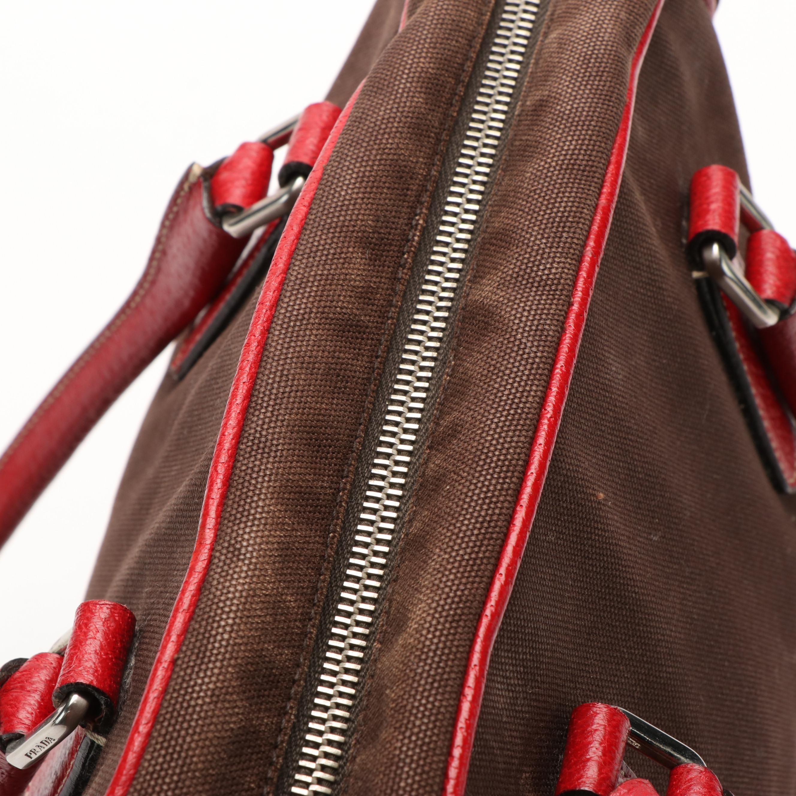 Prada Brown Canvas and Red Leather Bowling Handbag