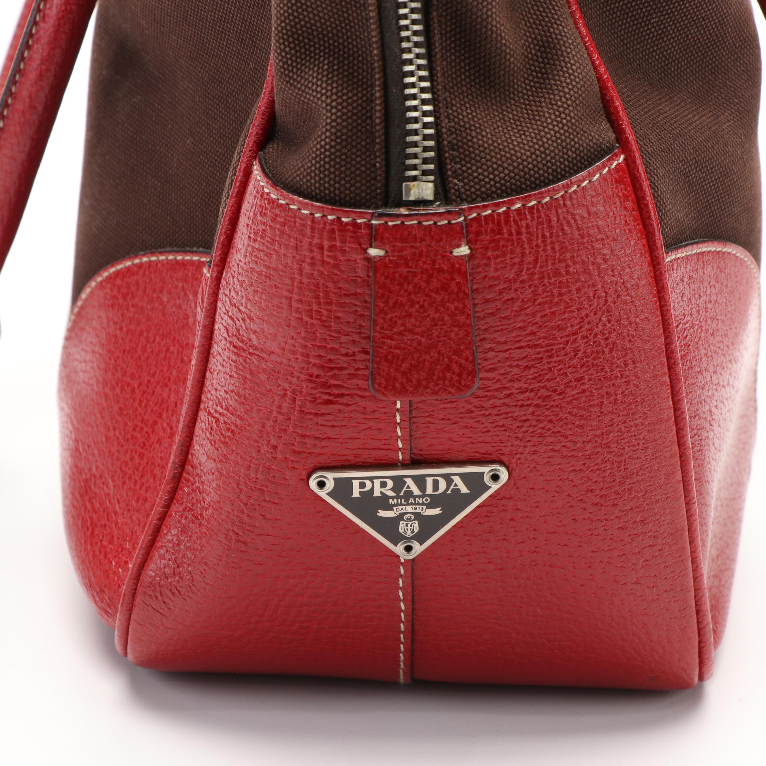 Prada Brown Canvas and Red Leather Bowling Handbag