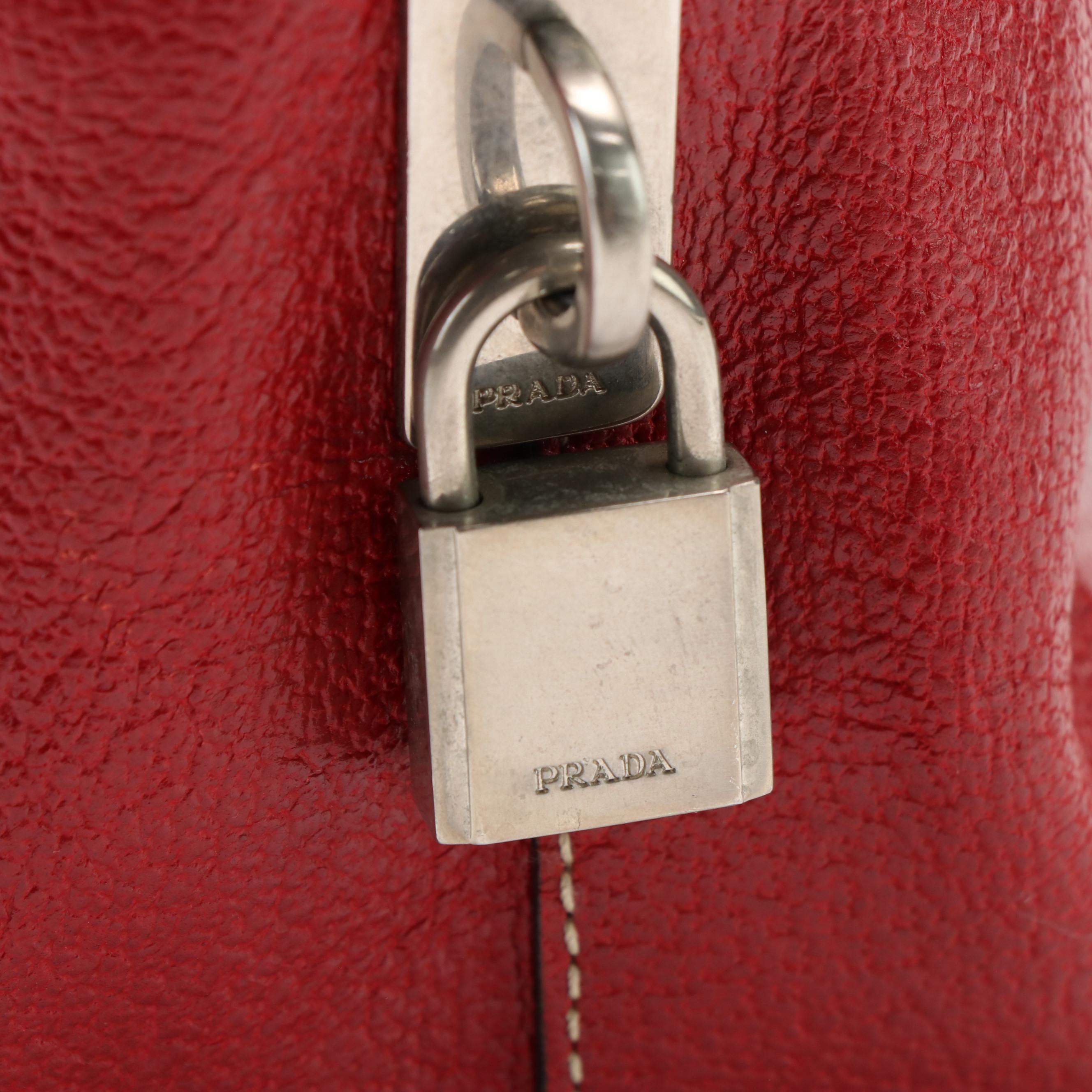 Prada Brown Canvas and Red Leather Bowling Handbag