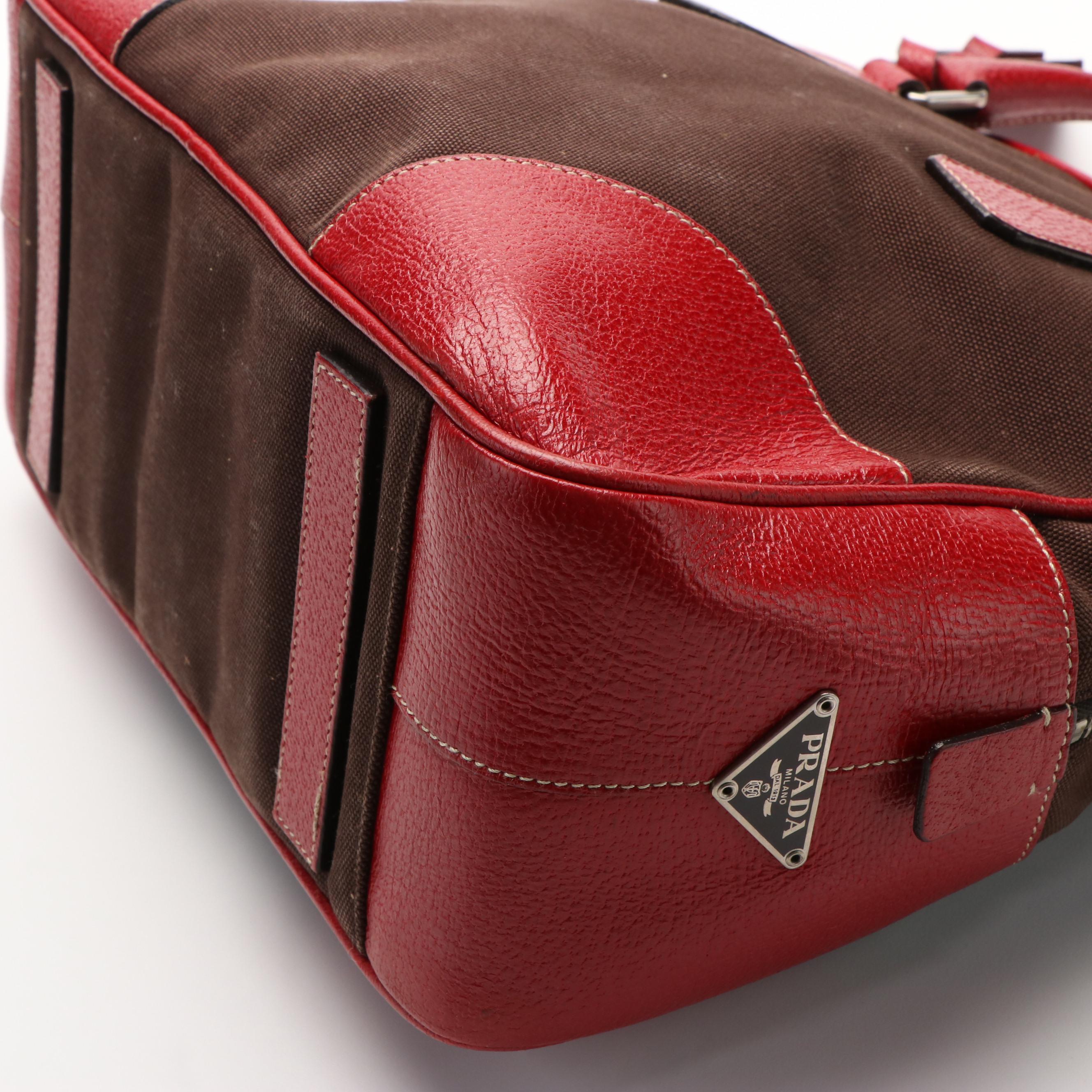 Prada Brown Canvas and Red Leather Bowling Handbag