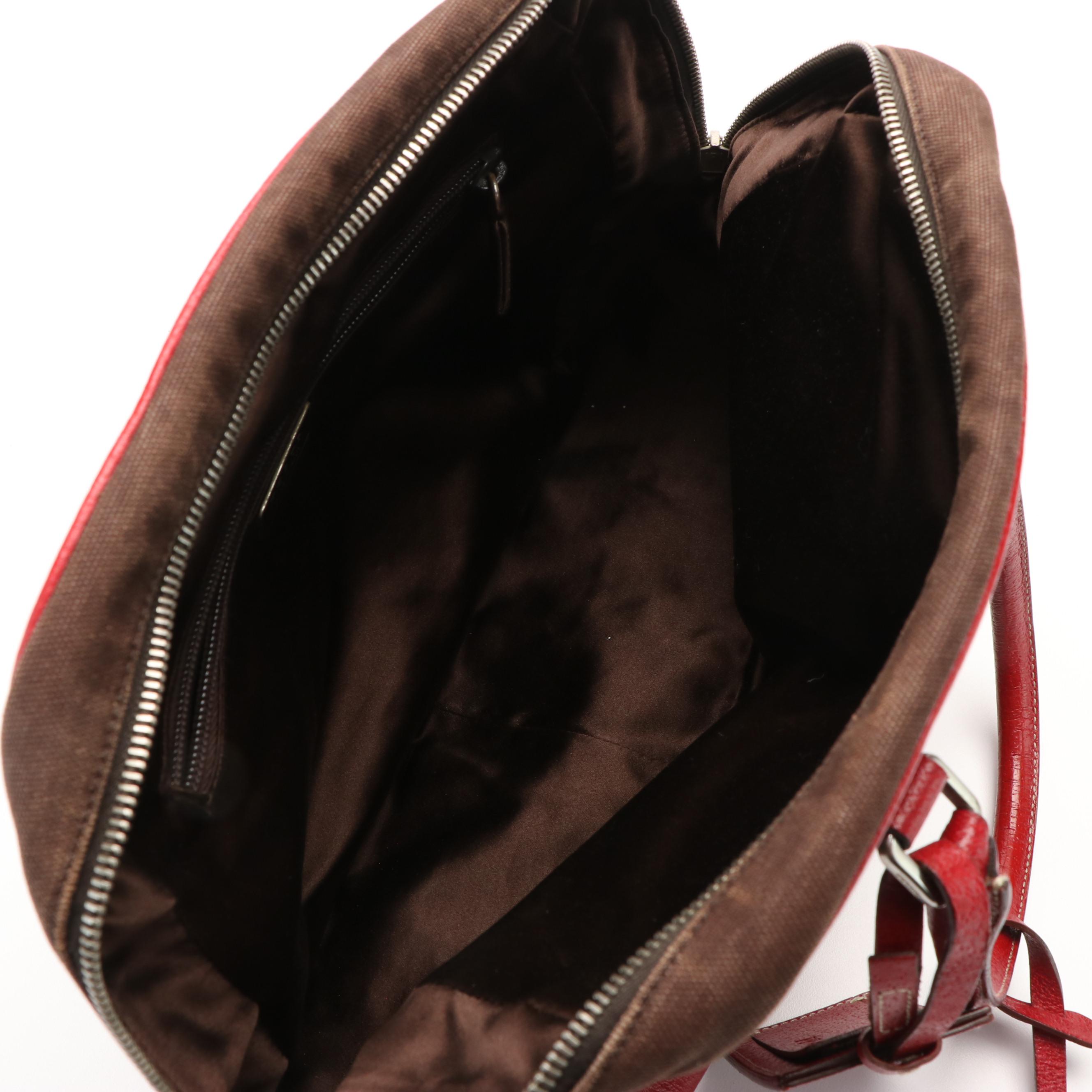 Prada Brown Canvas and Red Leather Bowling Handbag