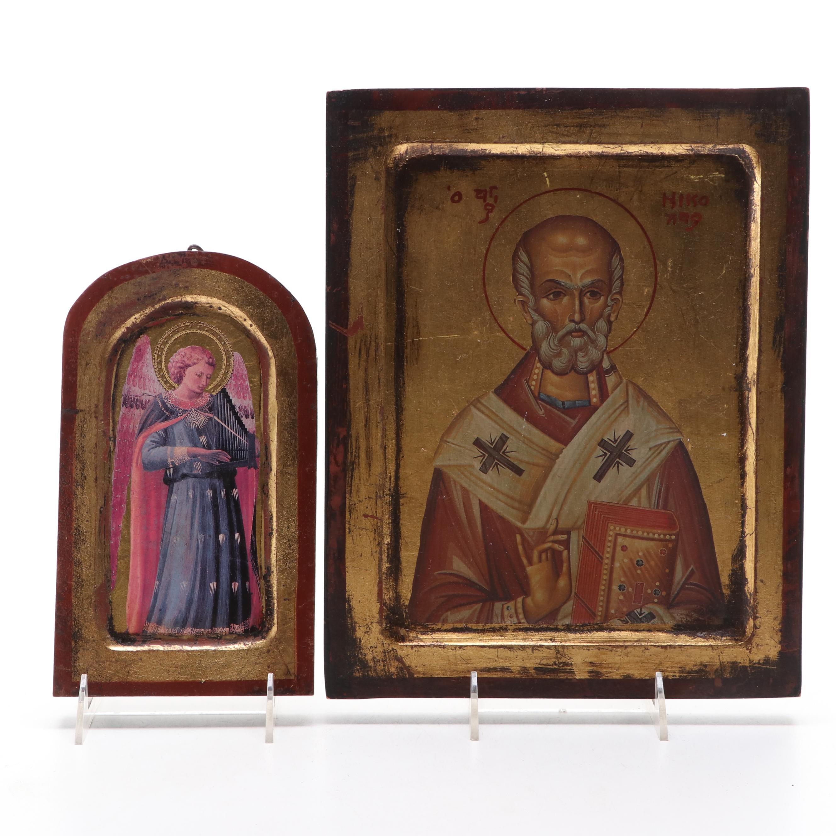 Offset Lithographs on Gilt Wood Religious Icons of St. Nicholas and Angel
