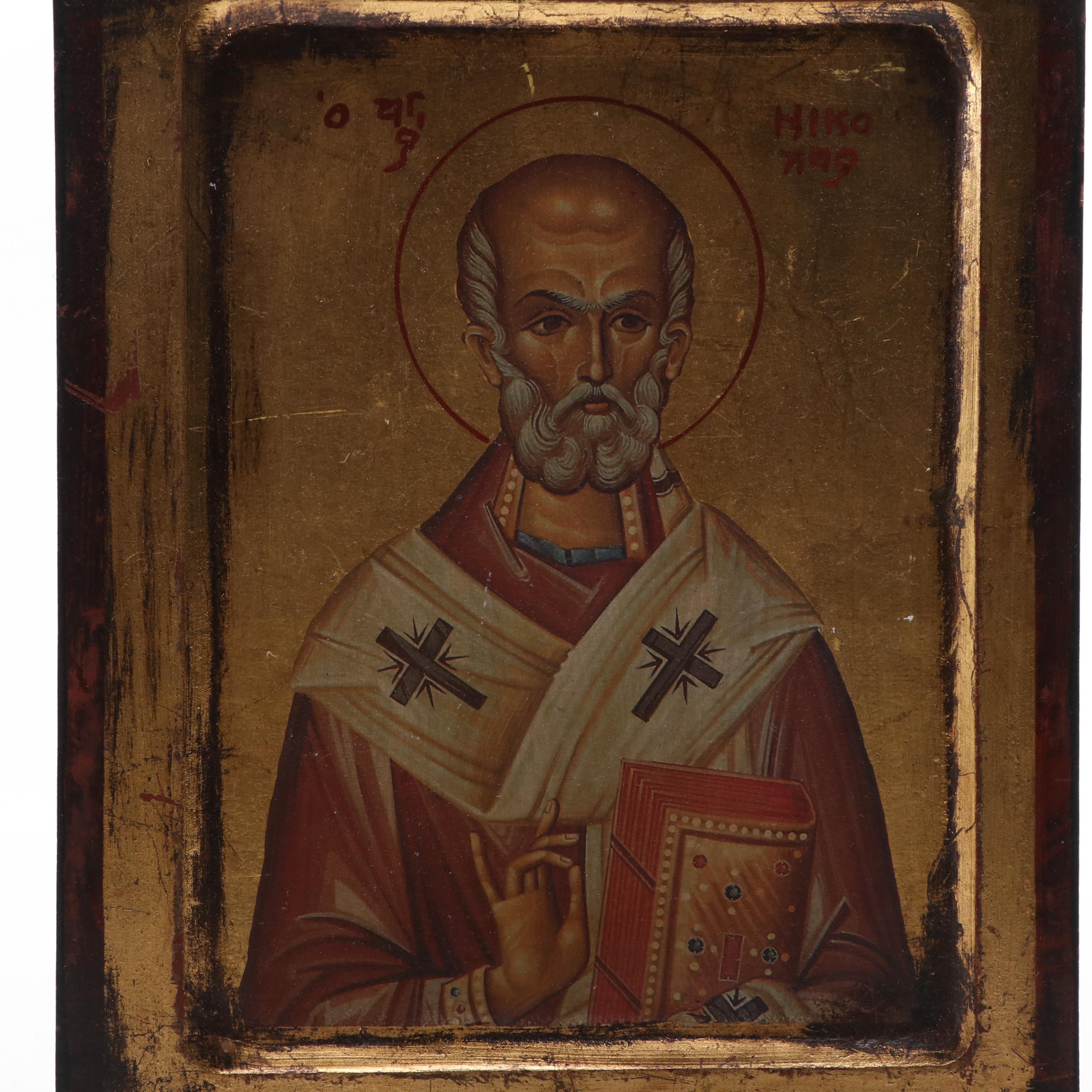 Offset Lithographs on Gilt Wood Religious Icons of St. Nicholas and Angel